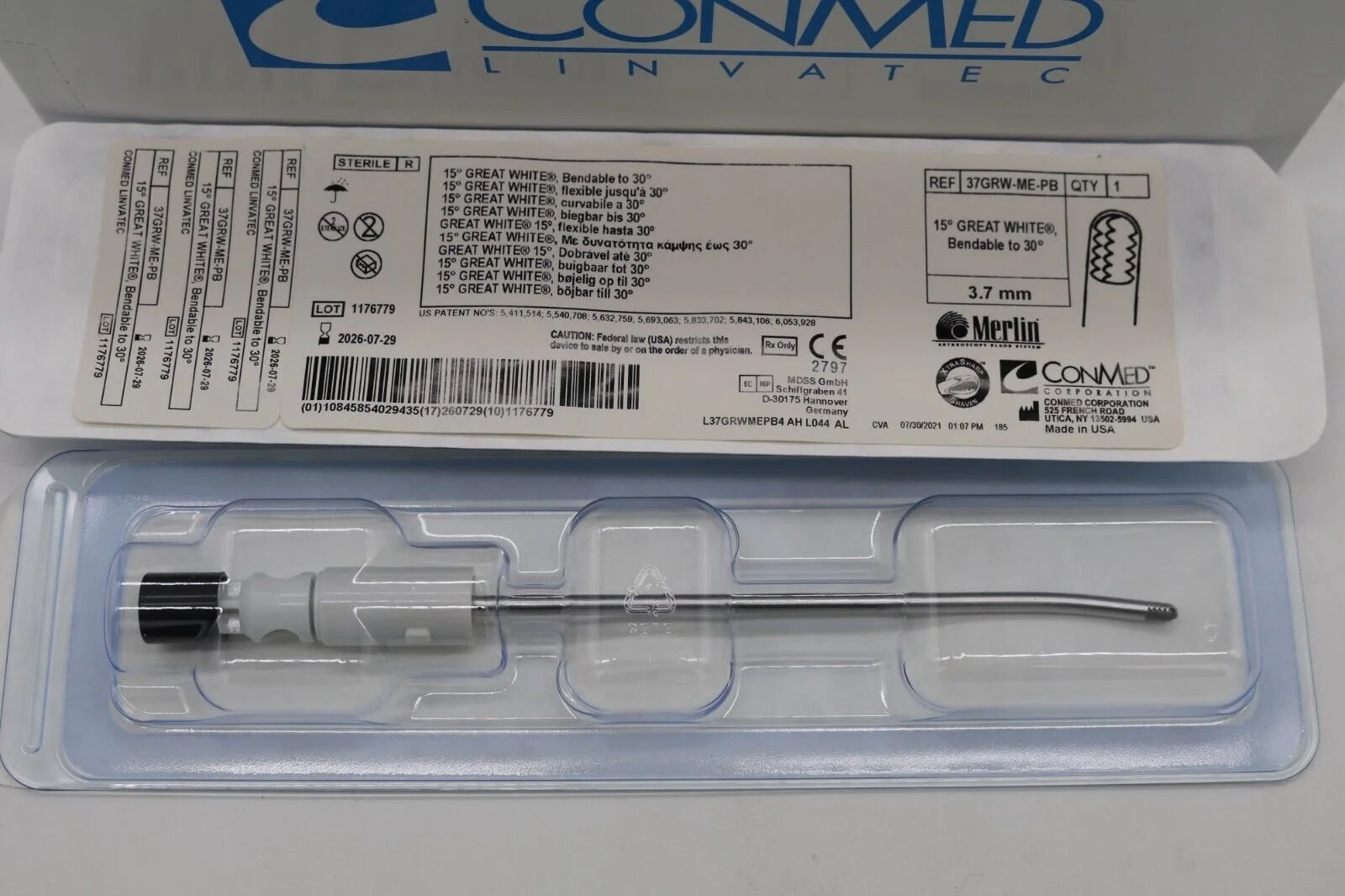 Conmed | 37GRW-ME-PB | Linvatec 15° GREAT WHITE Bendable to 30° 3.7mm