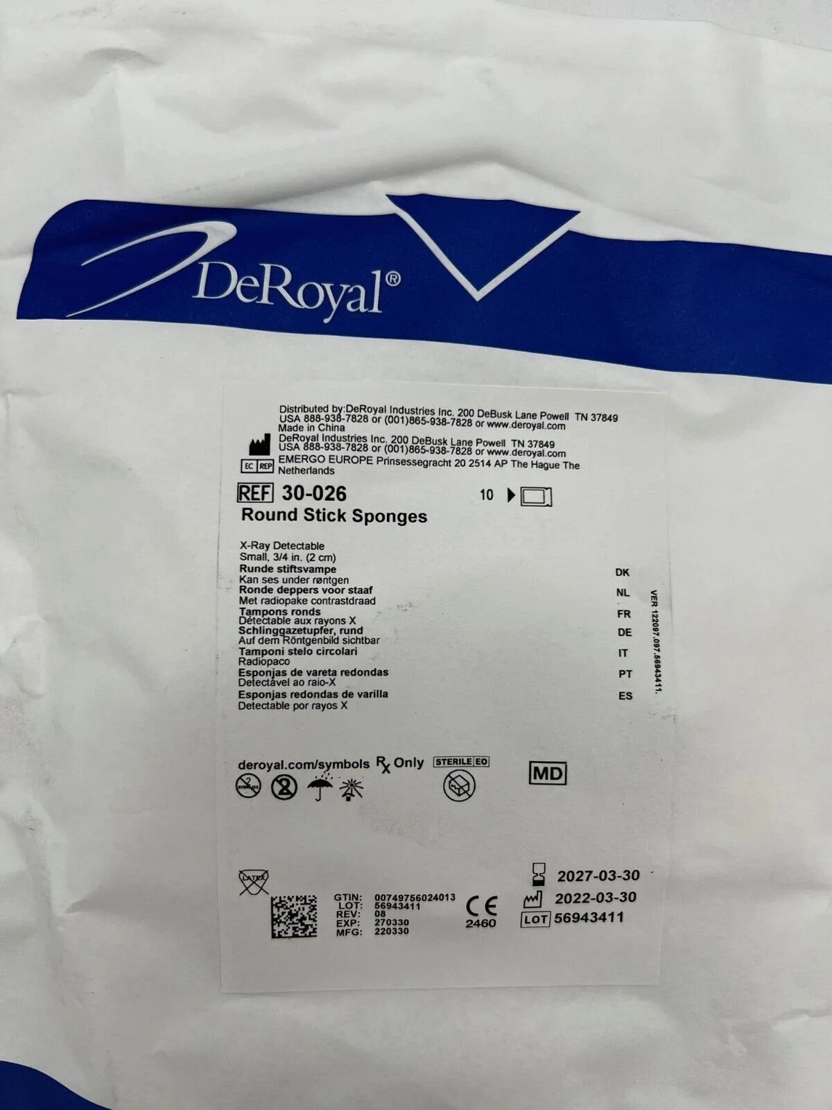 Deroyal | 30-026 | Case of 50 Packs of 10 Round Stick Sponge (x-ray Detectable)