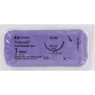 Covidien | CL-955 | Polysorb braided absorbable suture, undyed, size 1, 36″ length, GS-21 taper-point needle