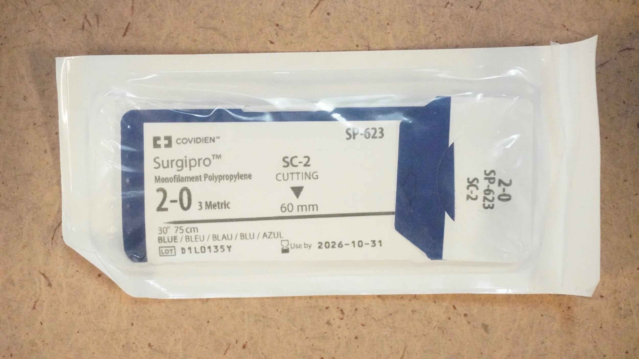 Covidien | SP-825 | Surgipro Monofilament Polypropylene 2-0 3 Metric 30" 75cm BLUE