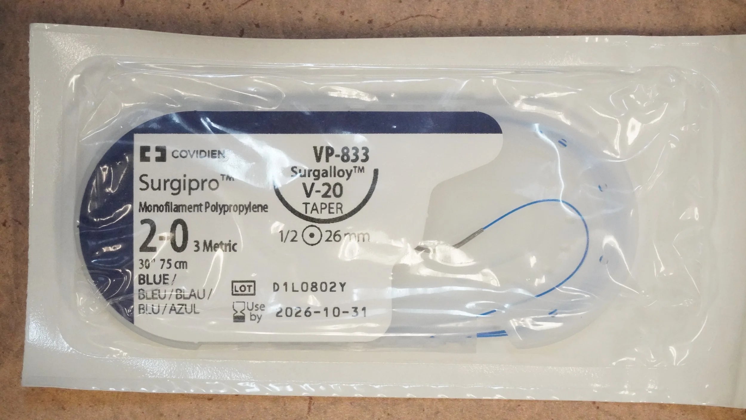 Covidien | VP-833 | Surgipro Monofilament Polypropylene 2-0 3 Metric 30" 75cm BLUE