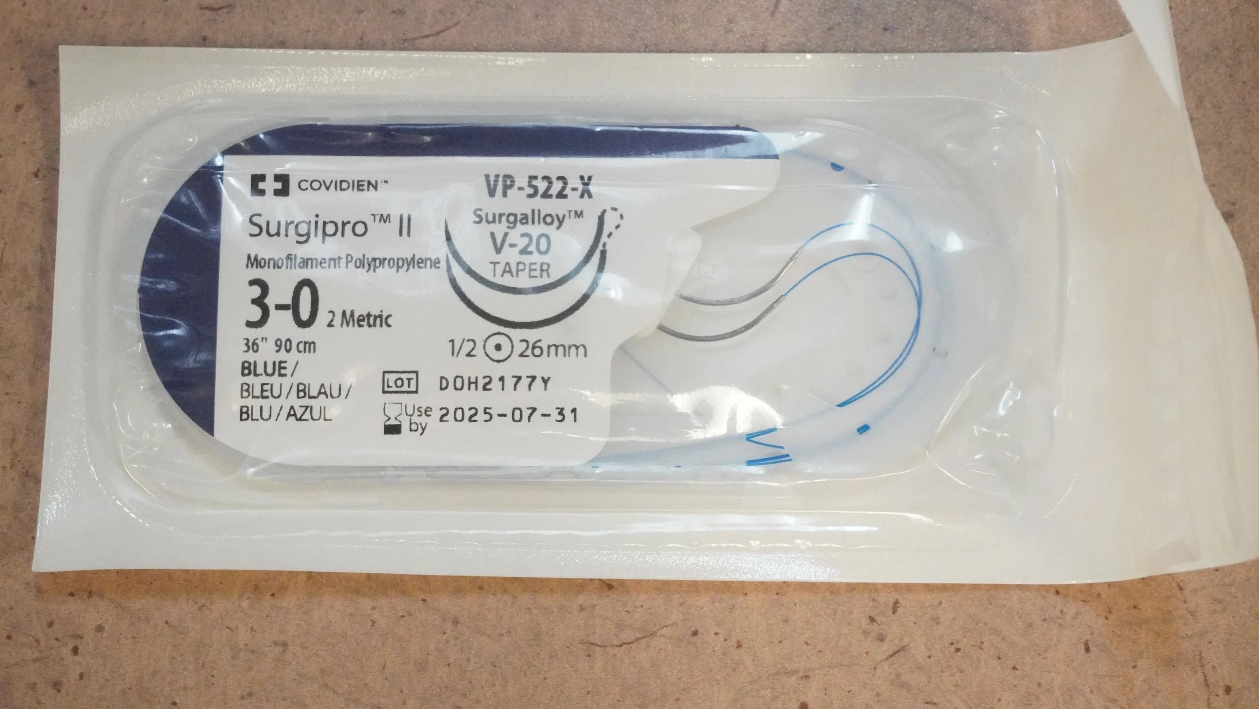 Covidien | VP-522-X | Surgipro Monofilament Polypropylene 3-0 2 Metric 36" 90cm BLUE