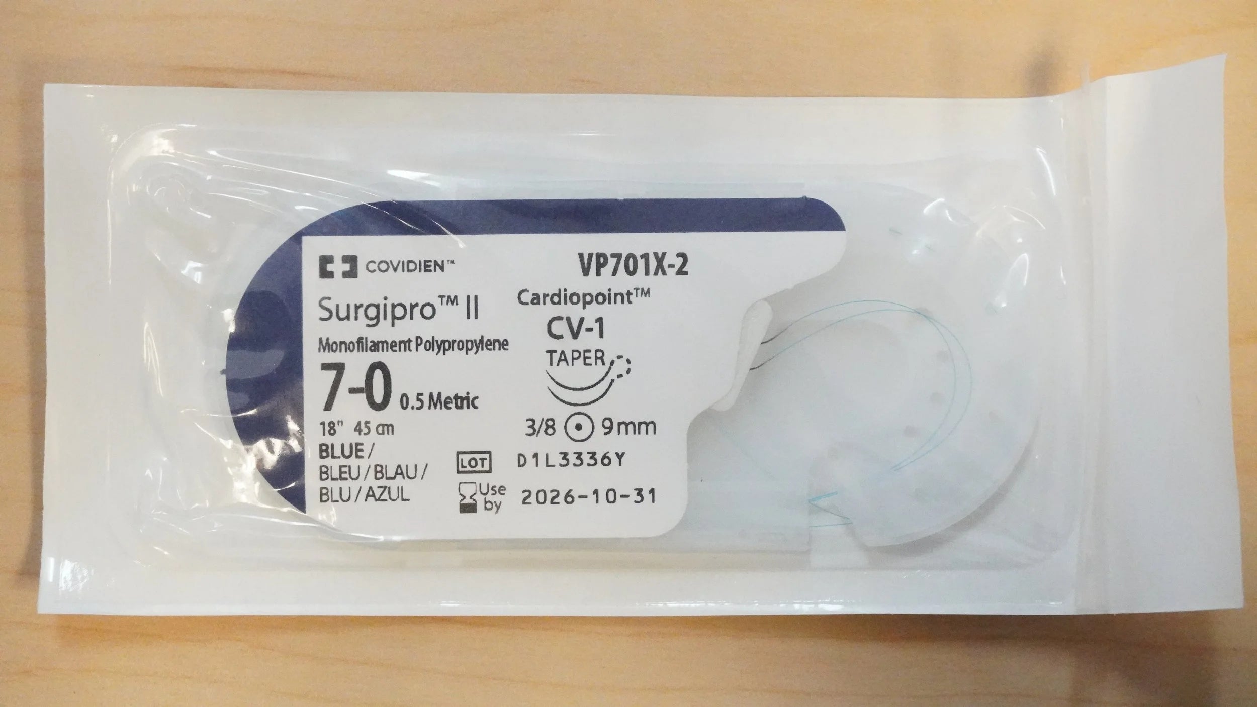 Covidien | VP701X-2 | Surgipro II Monofilament Polypropylene 7-0 0.5 Metric 18" 45cm BLUE