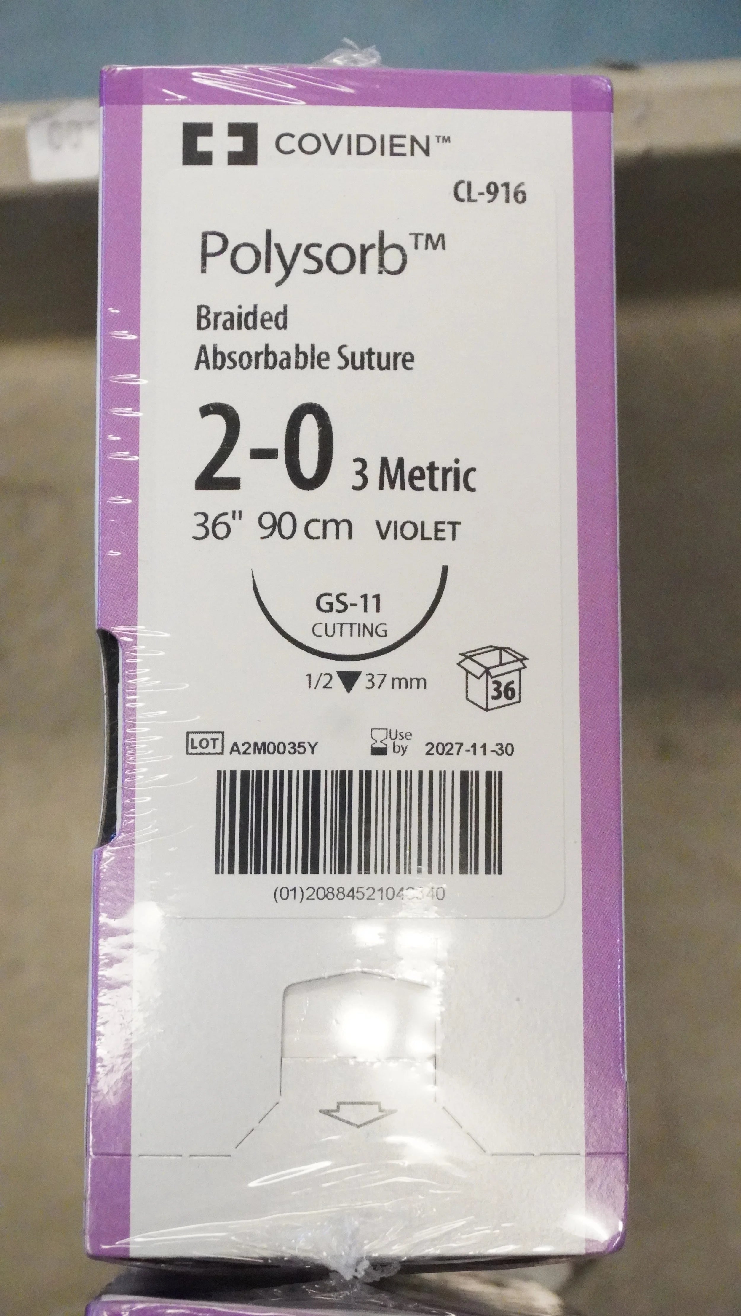 Covidien | CL-916 | Polysorb Braided Absorbable Suture 2-0 3 Metric 36" 90cm VIOLET