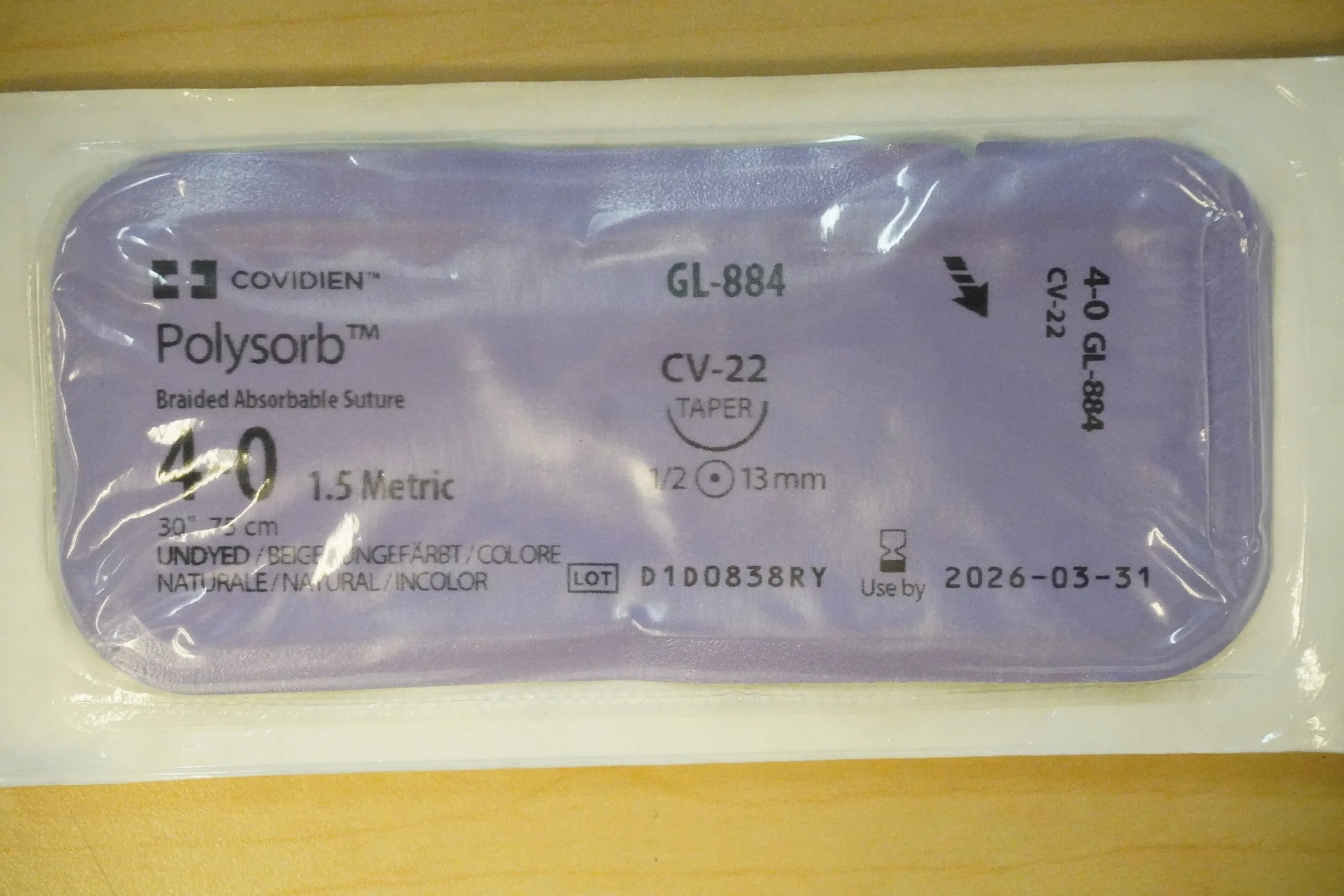 Covidien | GL-884 | Polysorb Braided Absorbable Suture 4-0 1.5 Metric 30" 75cm UNDYED