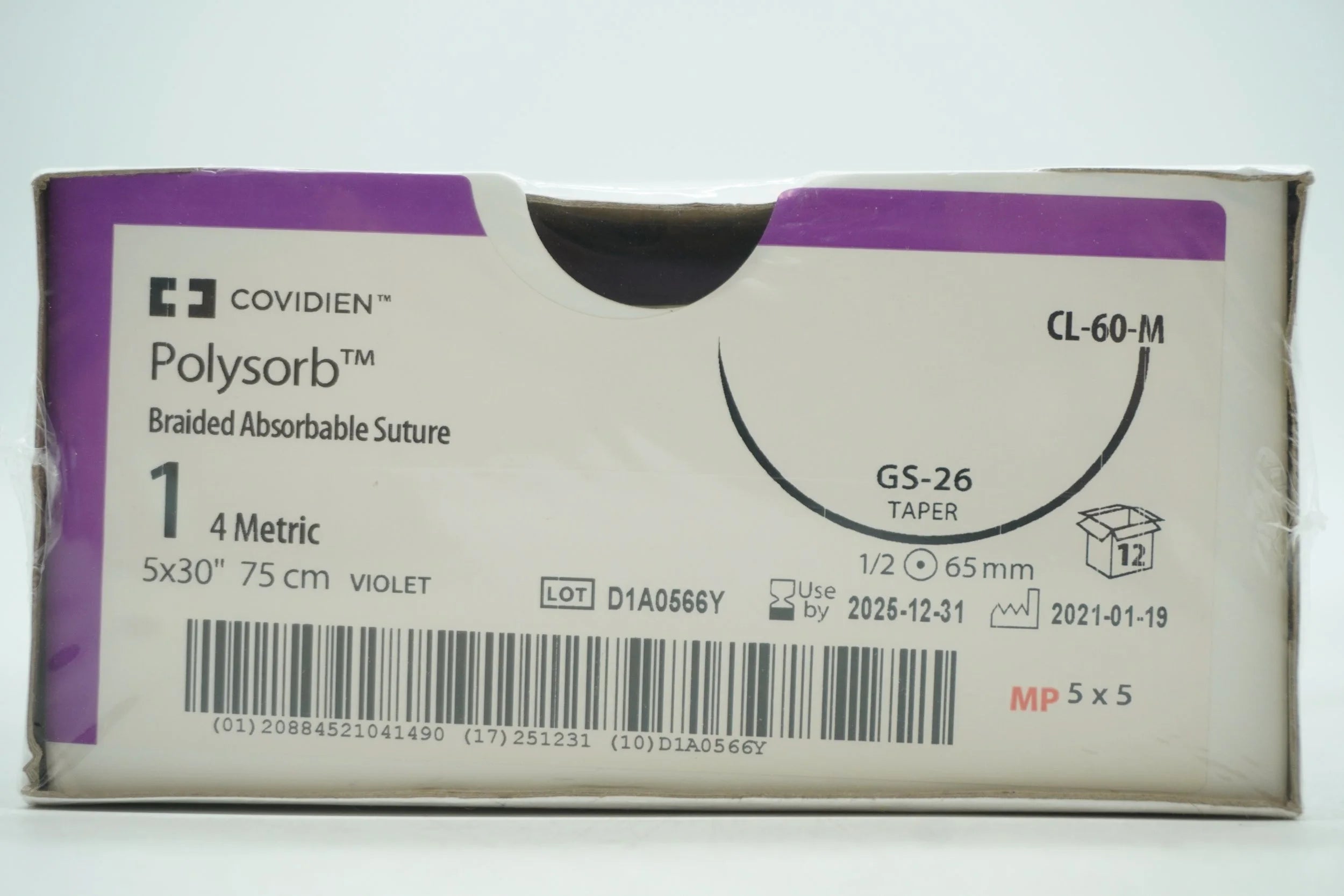 Covidien | CL-60-MG | Polysorb Braided Absorbable Suture 1 4 Metric 5x30" 75cm VIOLET