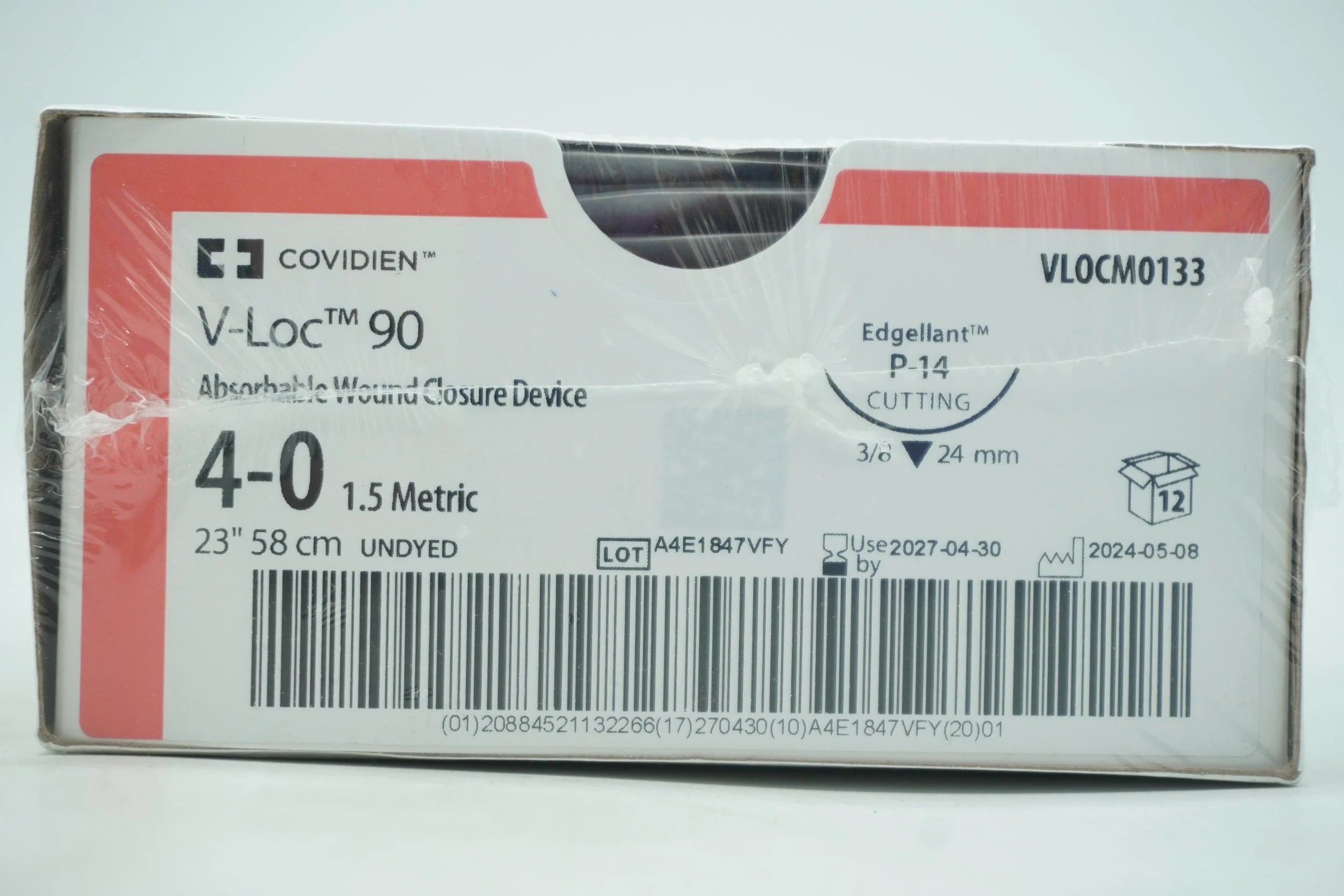 Covidien | VLOCM0133 | Wound Closure Device, Size 4-0, 58 cm, Undyed, Polyester, Barbed Monofilament, 3/8 Circle, 19 mm Needle, P-12 Needle
