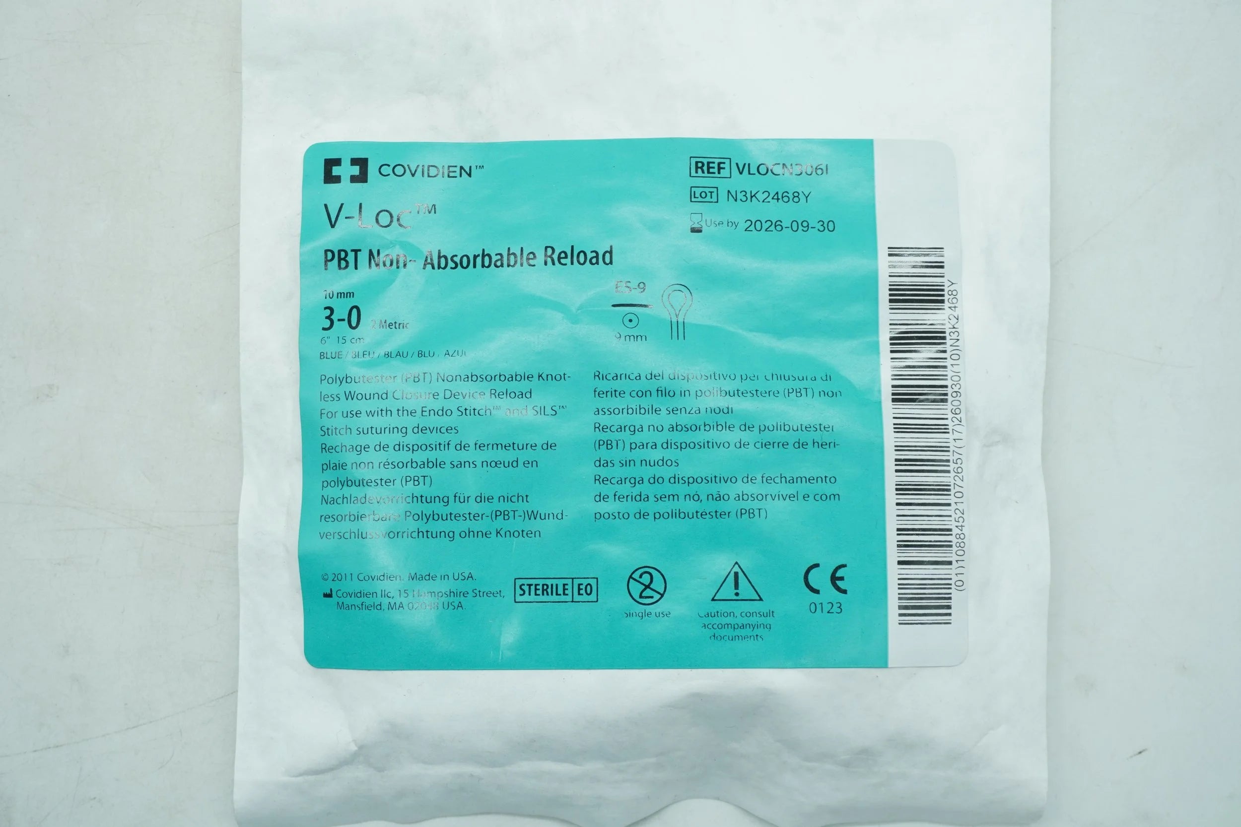 Covidien | VLOCN306L | SUTURE Size 3-0, 6 in. Length, Blue, Polybutester, Uncoated, Non-Absorbable, Barbed Monofilament, ES-9 Needle, Sterile