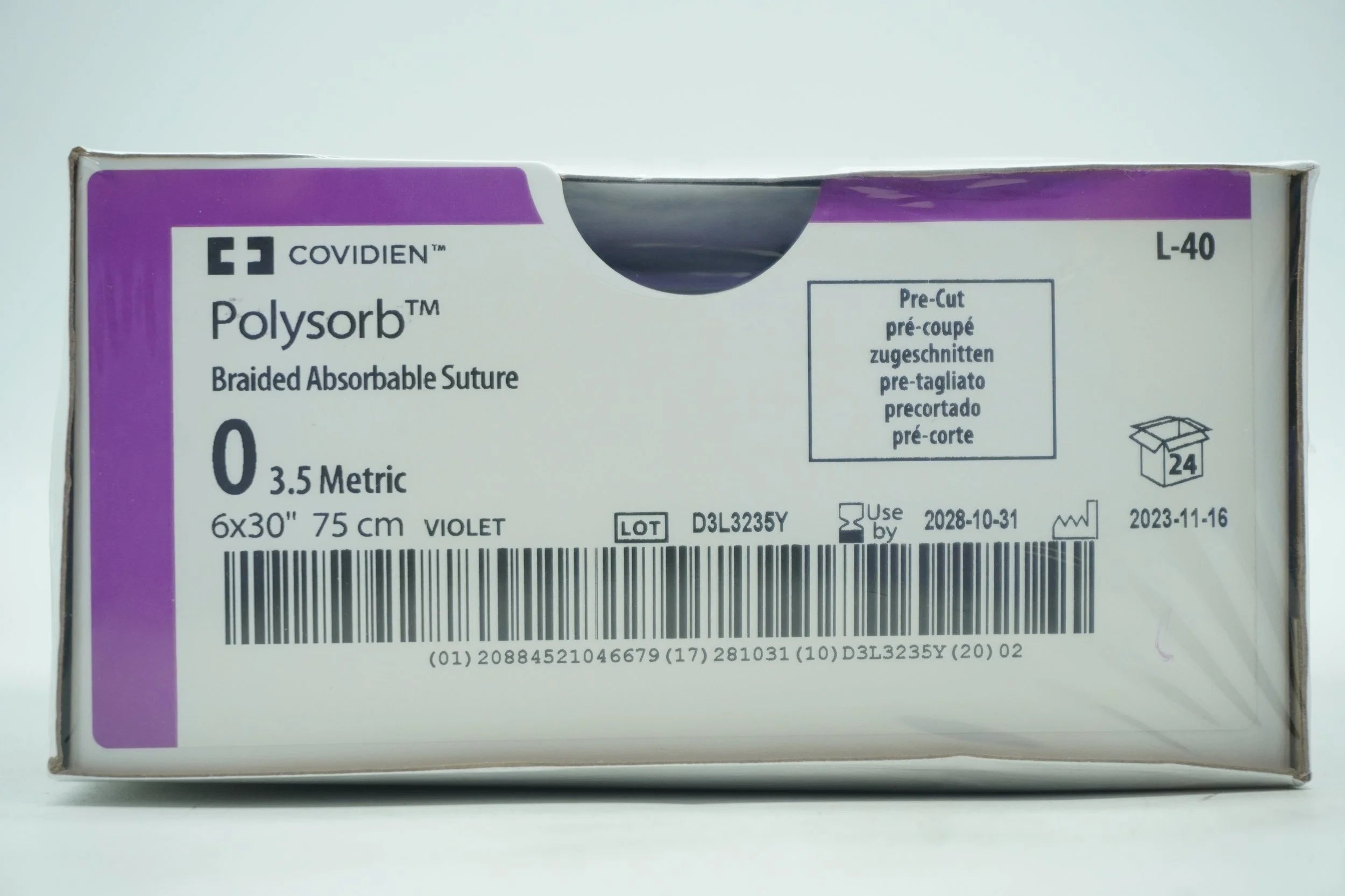 Covidien | L-40 | Polysorb Braided Absorbable Suture 0 3.5 Metric 6x30" 75cm VIOLET