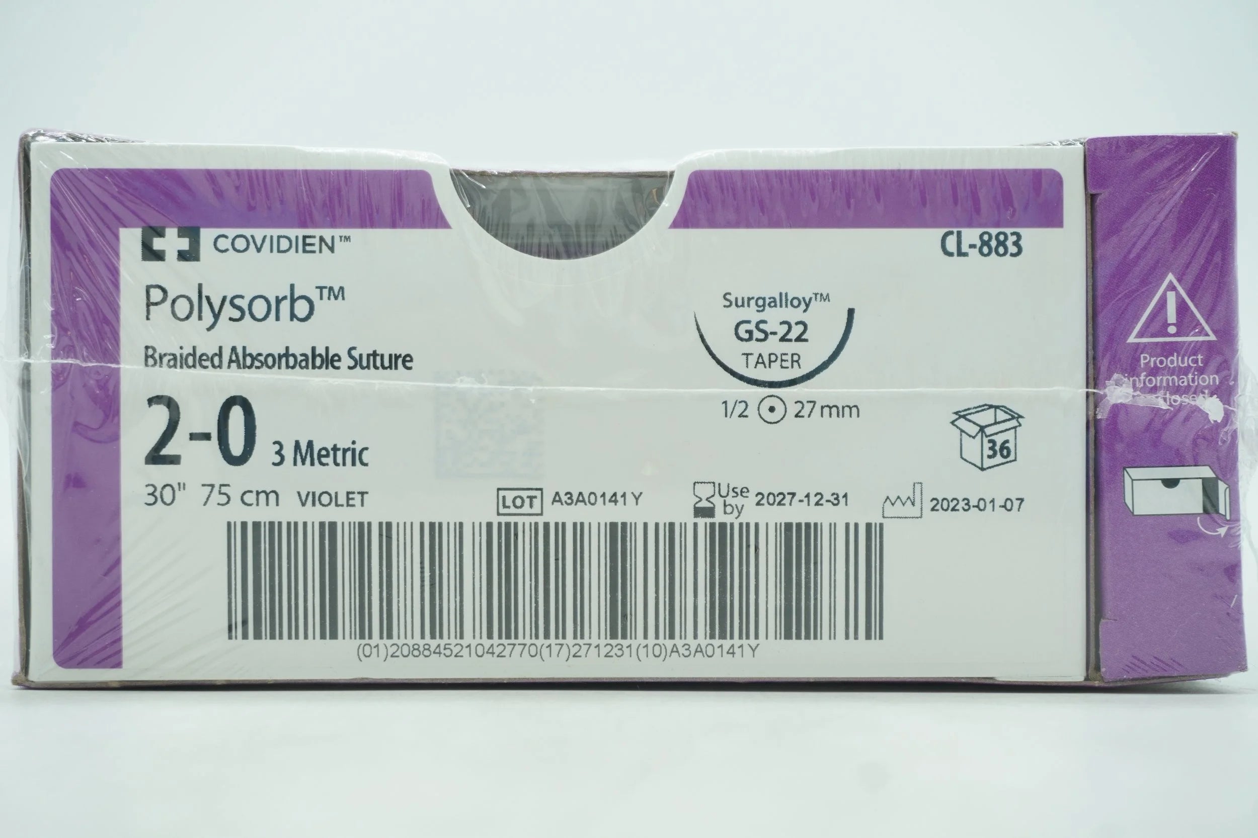 Covidien | CL-833 | Polysorb Braided Absorbable Suture 2-0 3 Metric 30" 75cm VIOLET