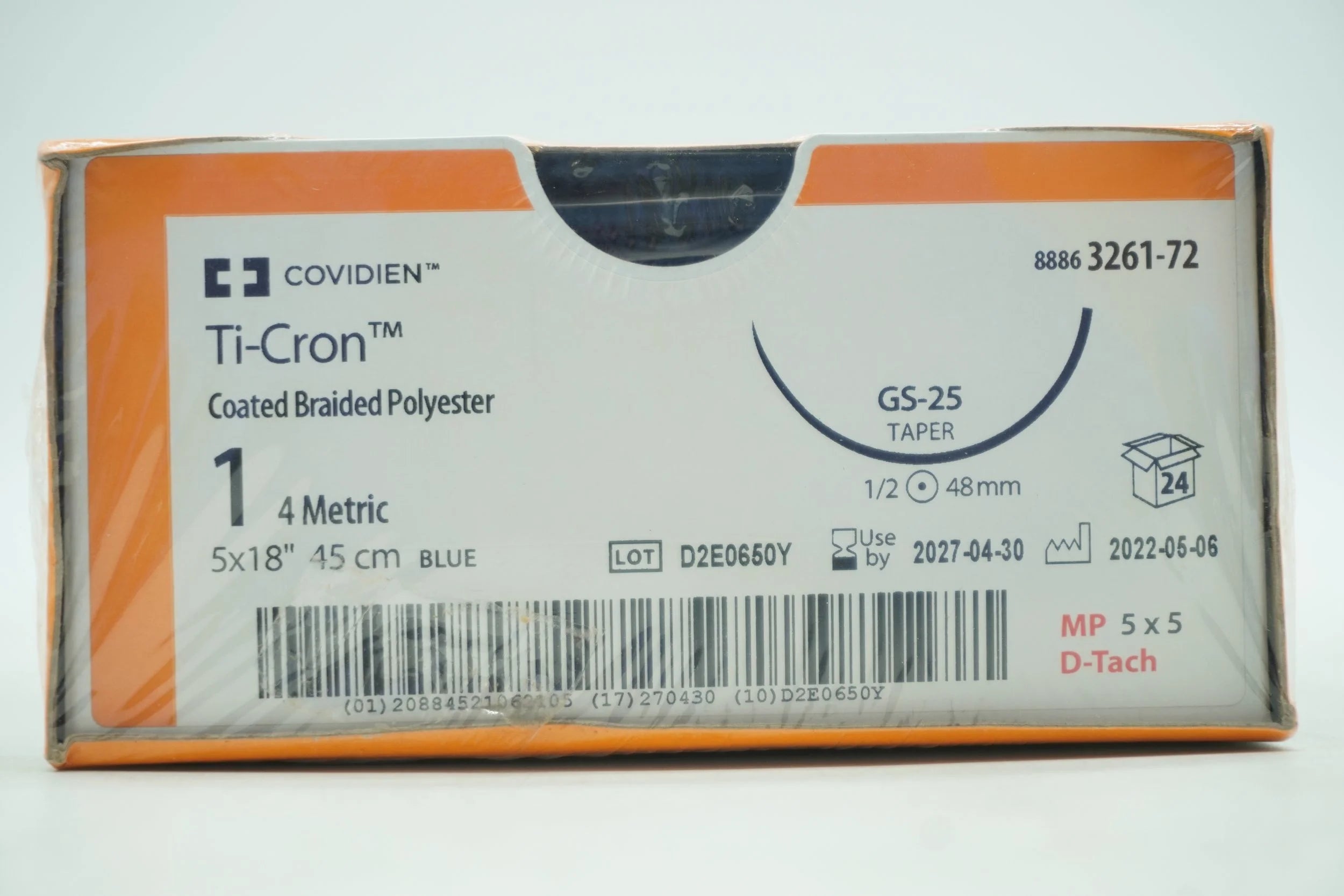 Covidien | 3261-72 | Ti-Cron Coated Braided Polyester 1 4 Metric 5x18" 45cm BLUE