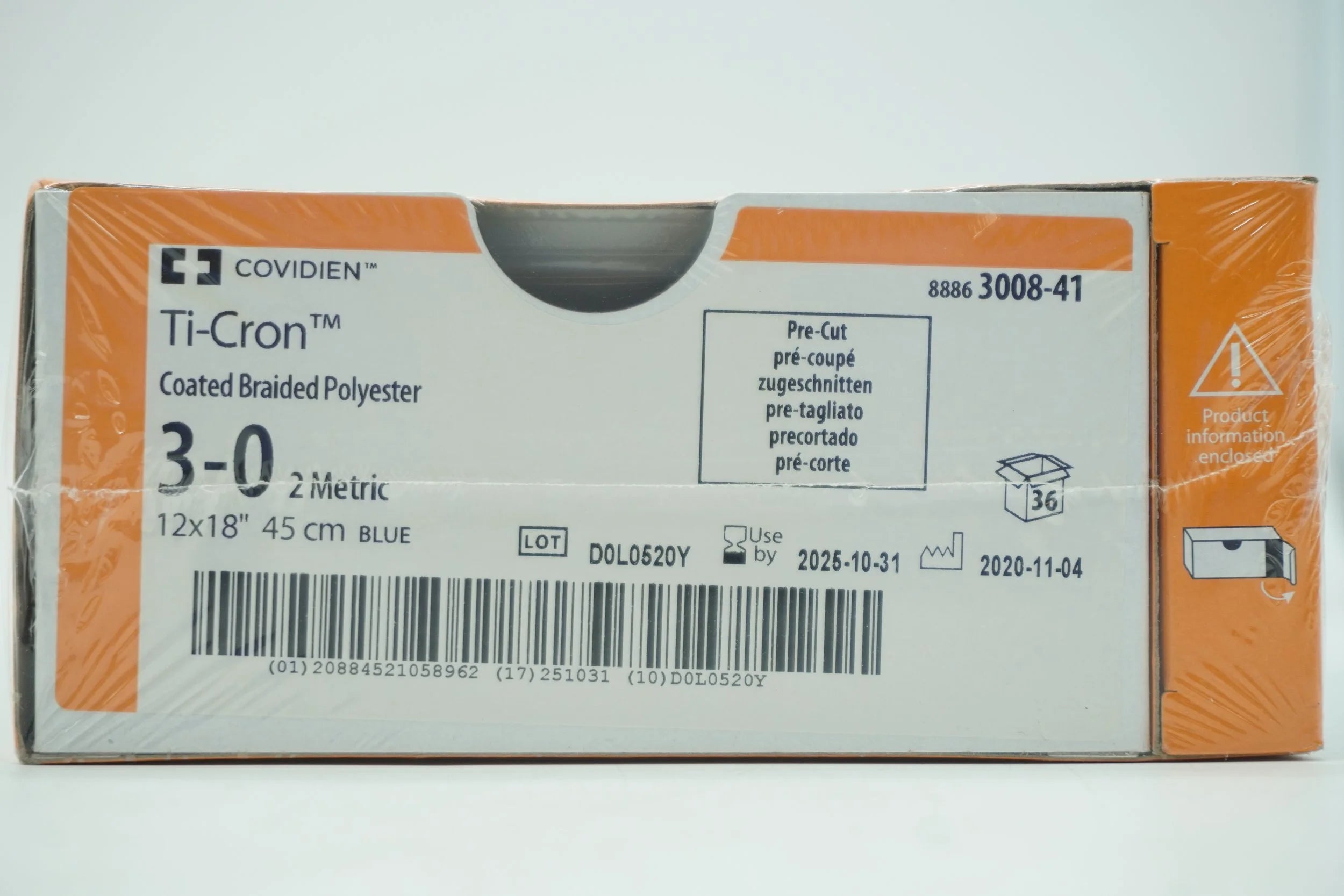 Covidien | 3008-41 | Ti-Cron Coated Braided Polyester 3-0 2 Metric 12x18" 45cm BLUE