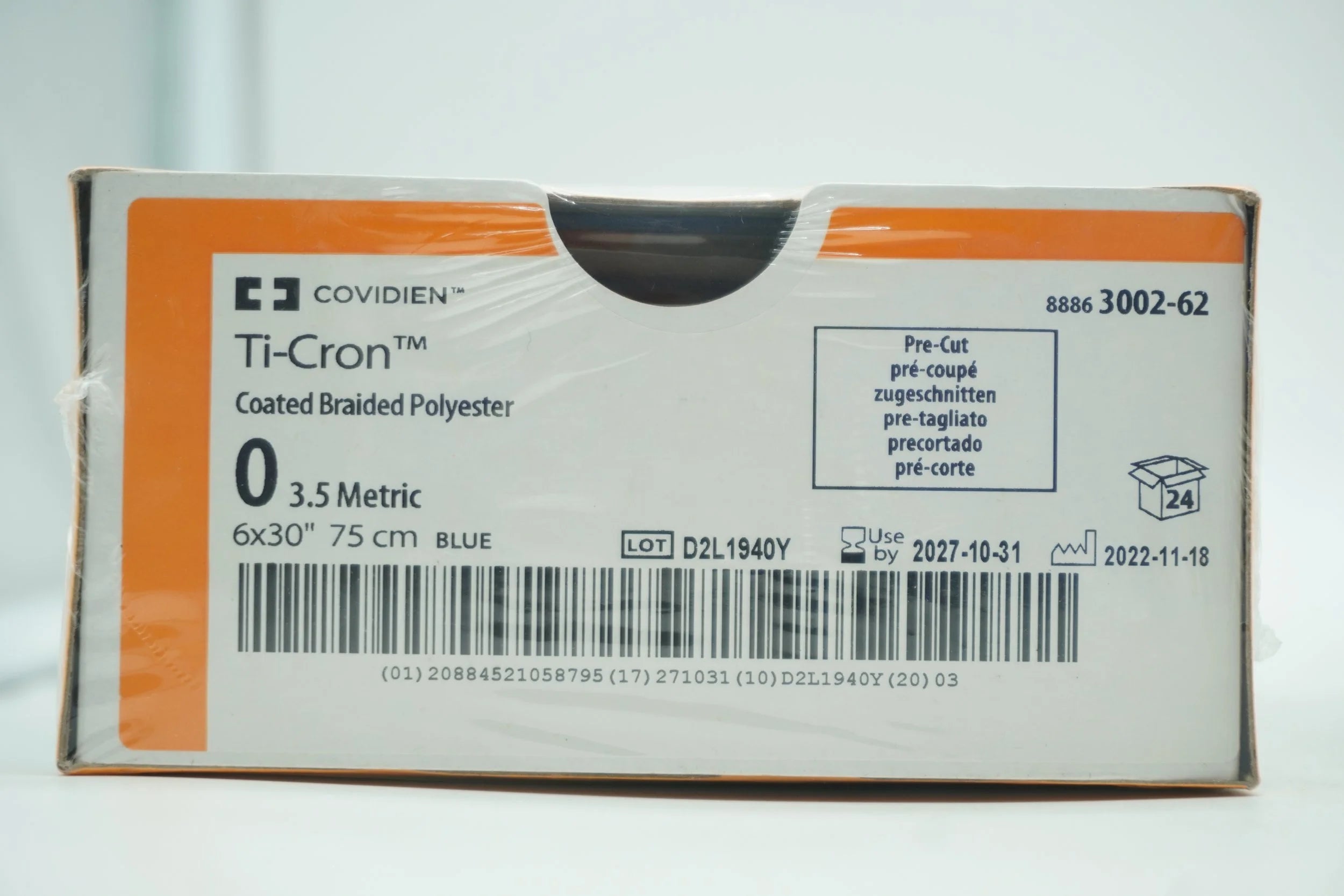 Covidien | 3002-62 | Ti-Cron Coated Braided Polyester 0 3.5 Metric 6x30" 75cm BLUE