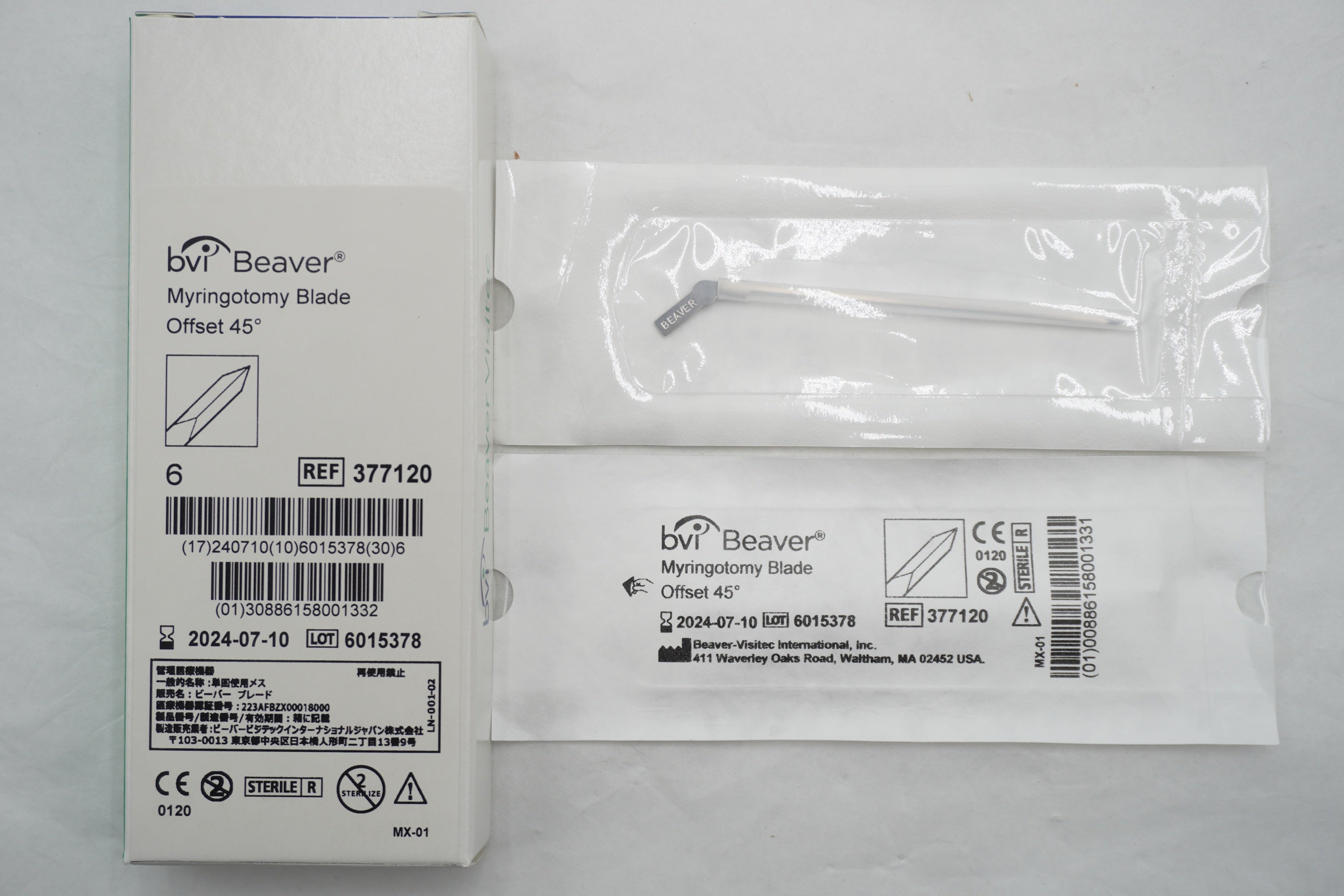 Beaver-Visitec International | 377120 | BVI Beaver stainless-steel myringotomy blade, spear tip, narrow shaft, 45° offset — sterile, disposable ENT surgical instrument.