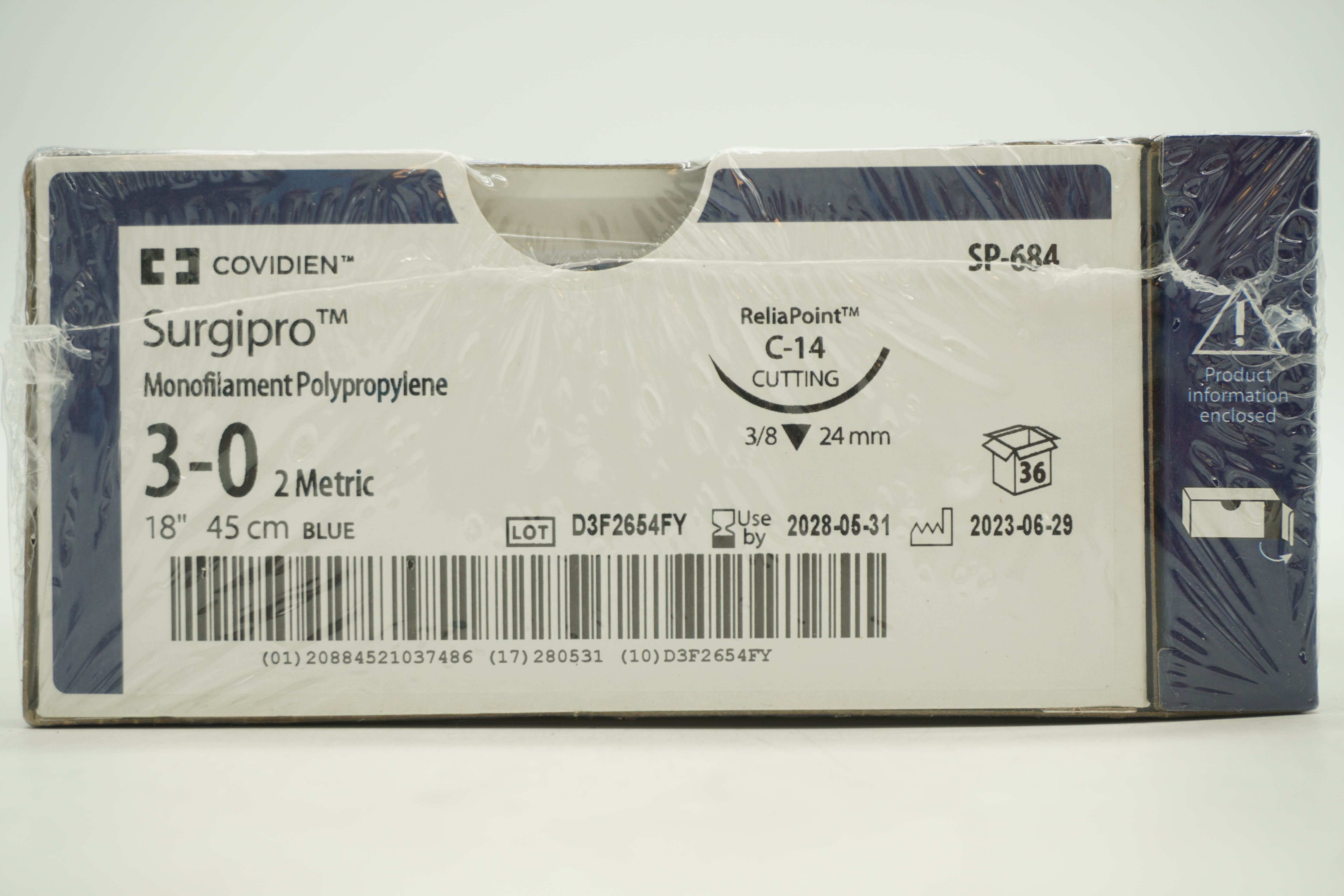Covidien | SP-684 | Surgipro Monofilament Polypropylene 3-0 2 Metric 18" 45cm BLUE