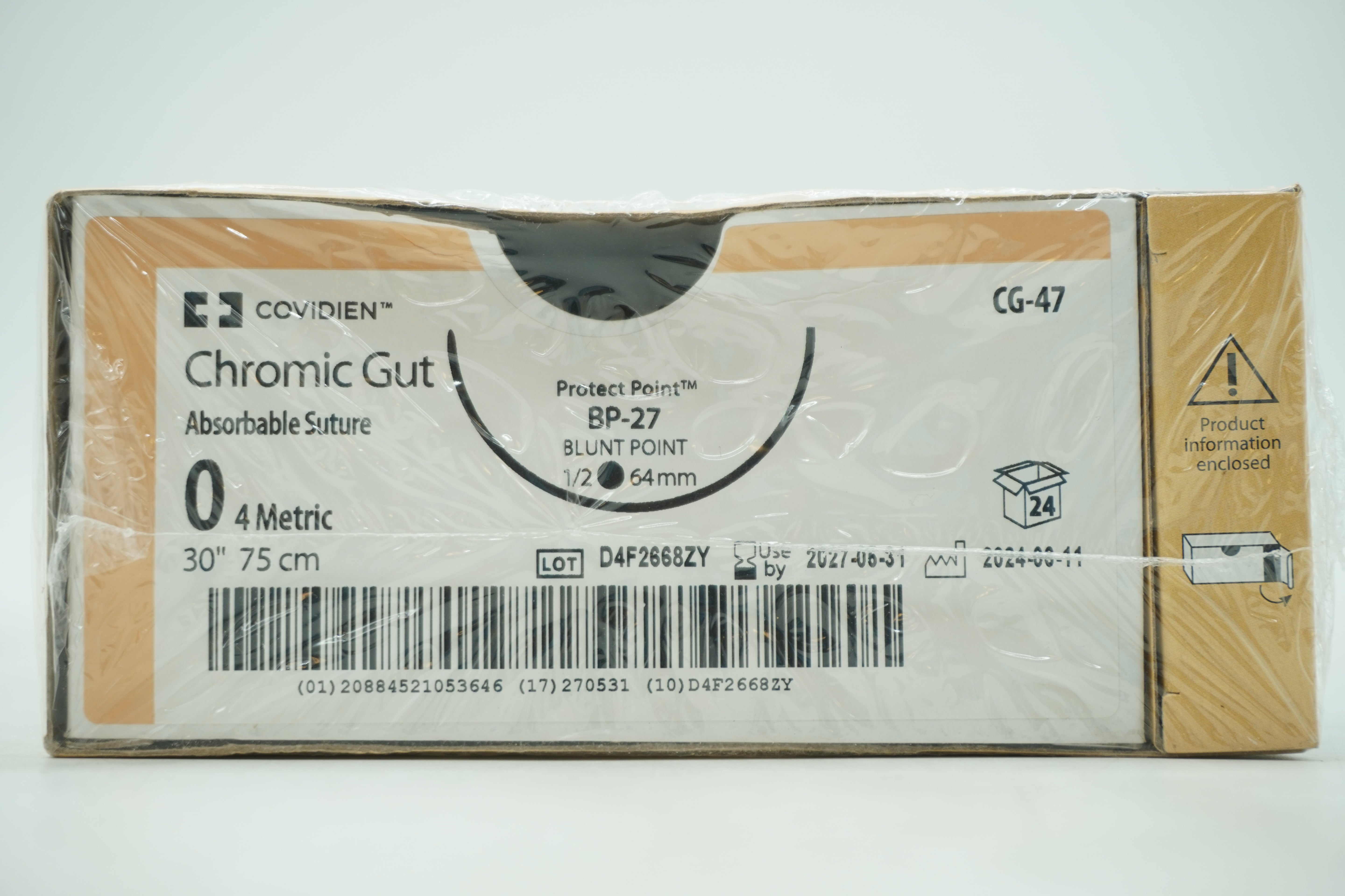Covidien | CG-47 | Chromic gut absorbable monofilament suture, size 0, 30″ length, BP-27 blunt-point needle