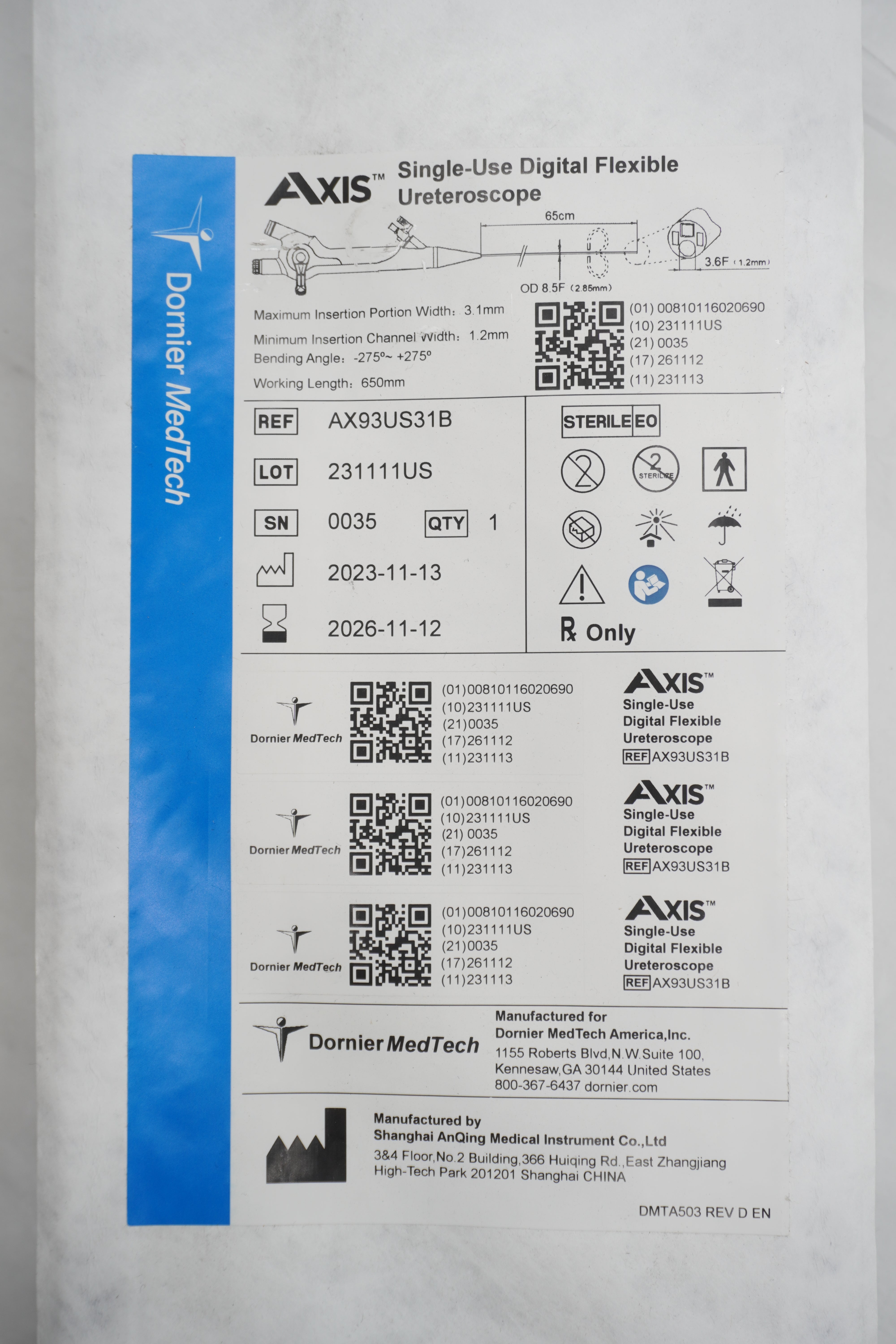 Dornier | AX93US31B | AXIS Single-Use Digital Flexible Ureteroscope