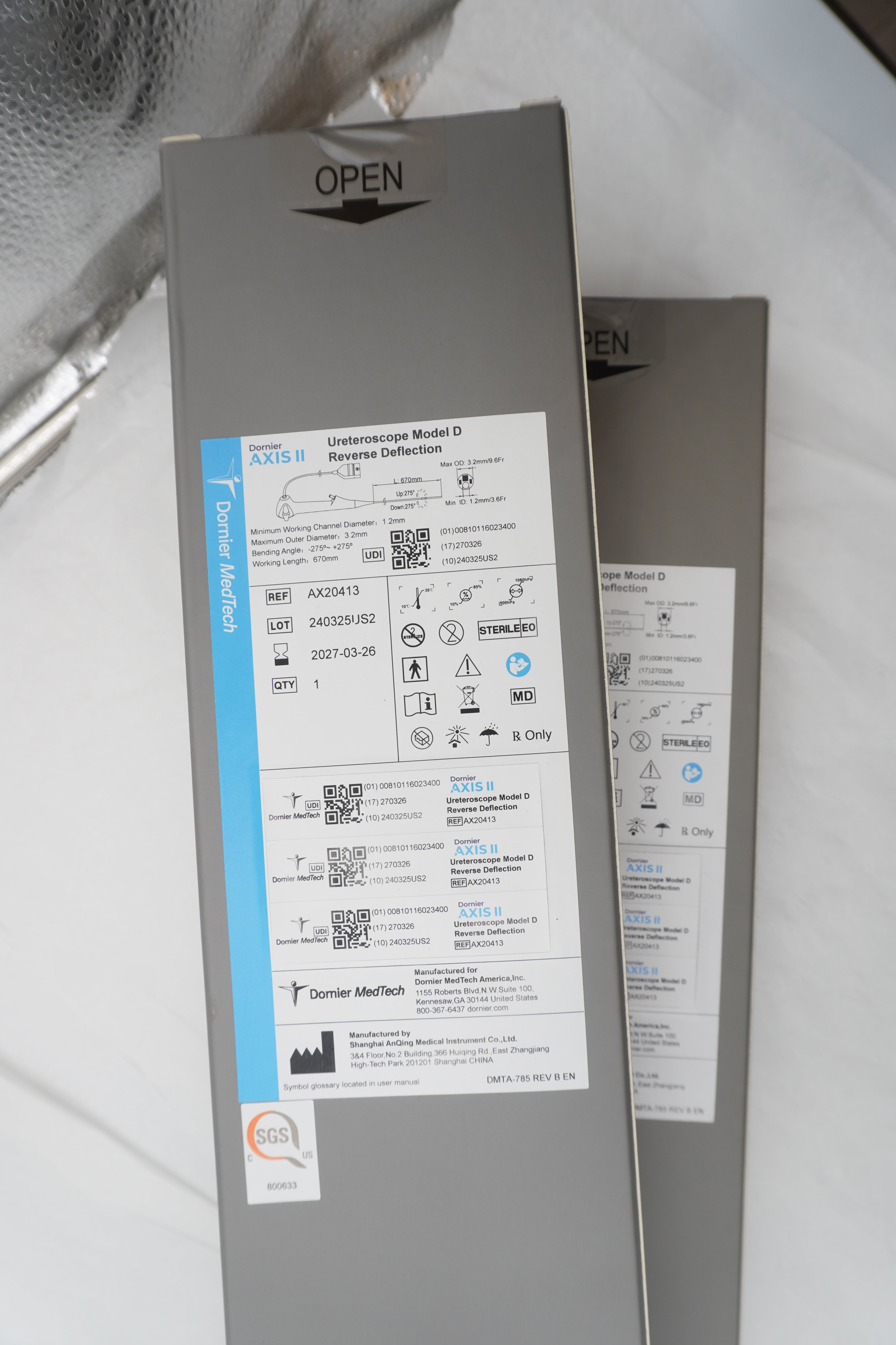 Dornier MedTech | AX20413 | Single-use digital flexible ureteroscope (Dornier Axis II) with 275° bidirectional deflection and 3.6 Fr working channel.