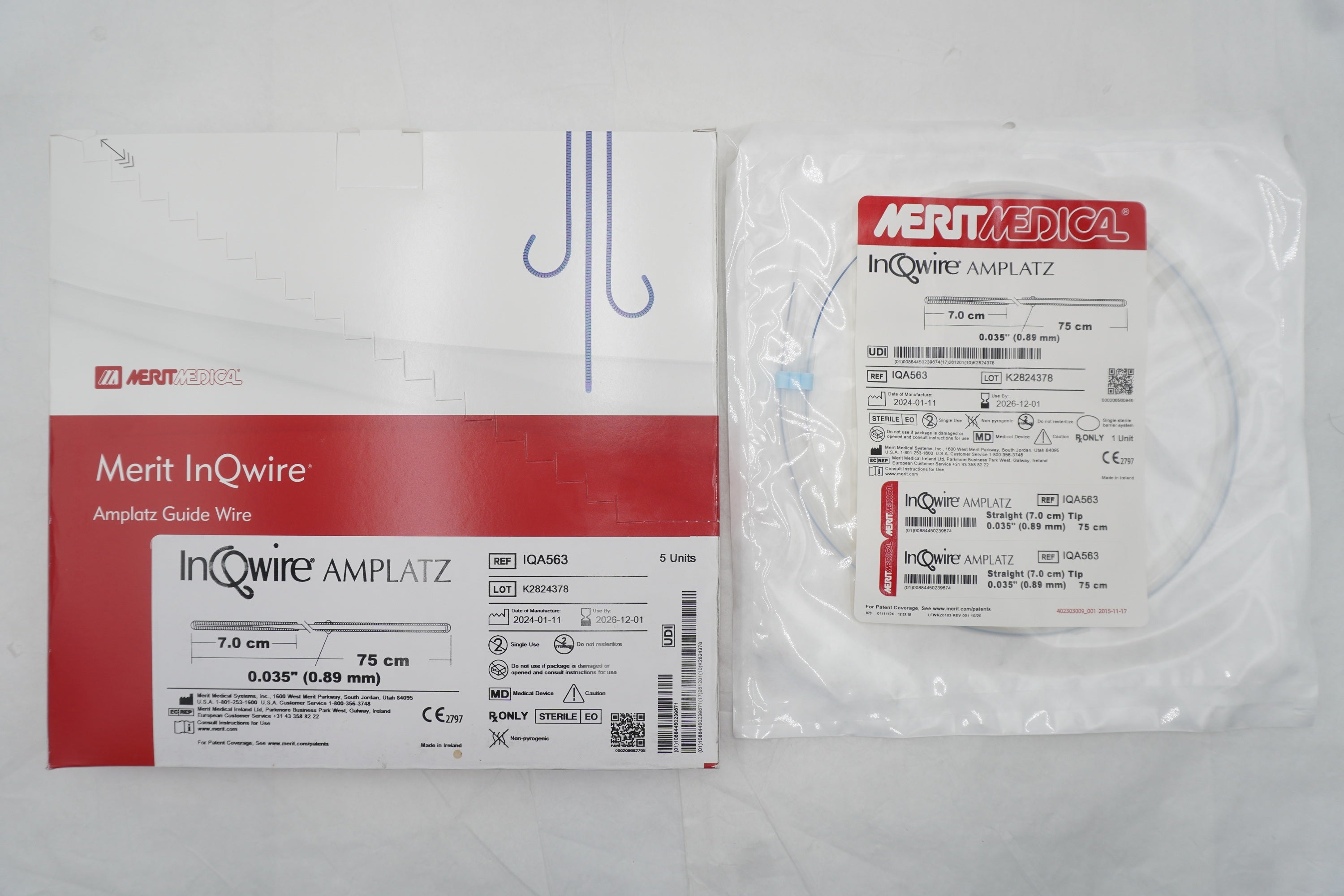 Merit Medical | IQA563 | 0.035″ × 75 cm straight-tip Amplatz guide wire with stiff PTFE-coated flat-coil shaft for enhanced lumbar vascular support.