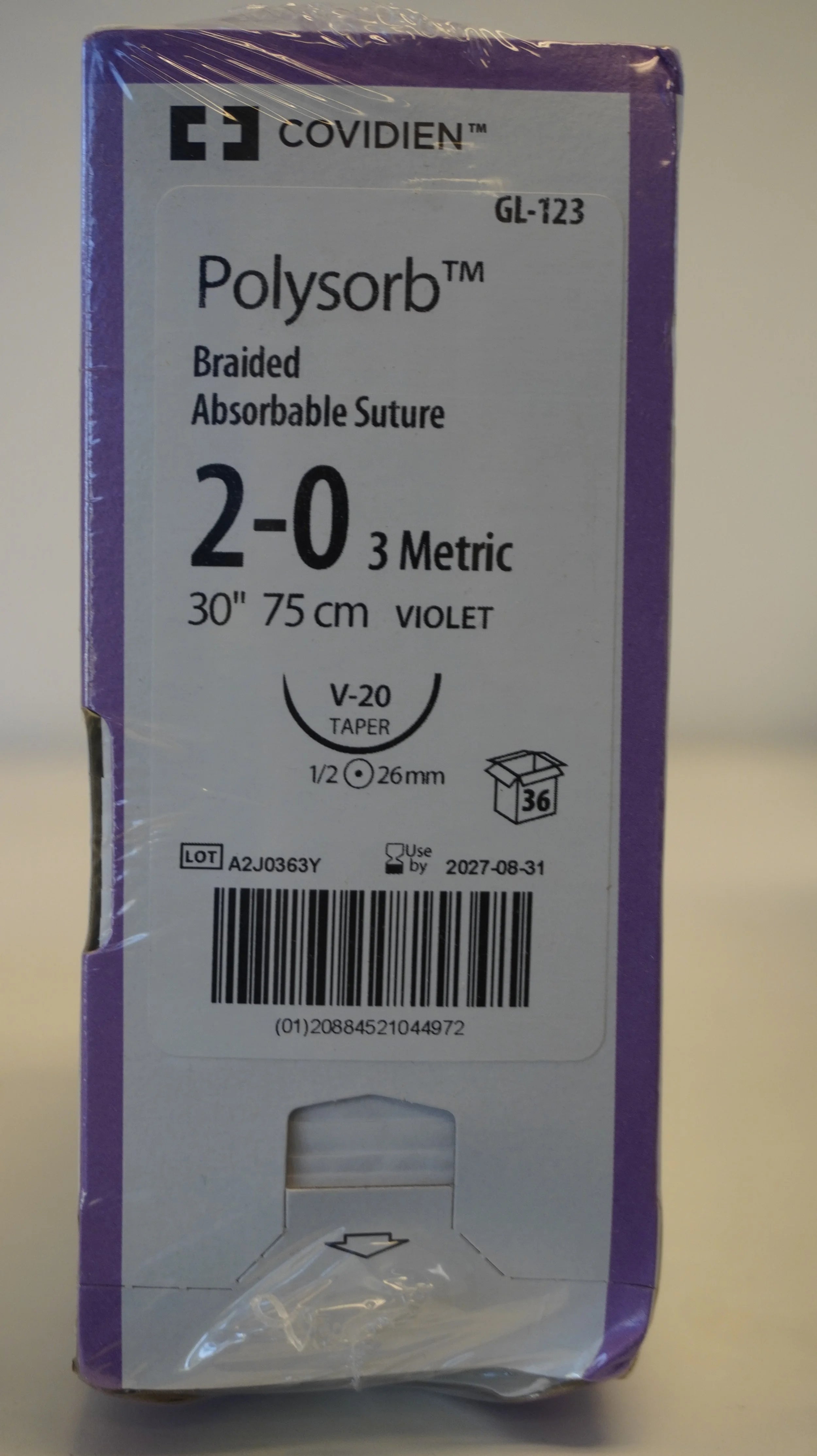 Covidien | GL-123 | Polysorb Braided Absorbable Suture 2-0 3 Metric 30" 75cm VIOLET