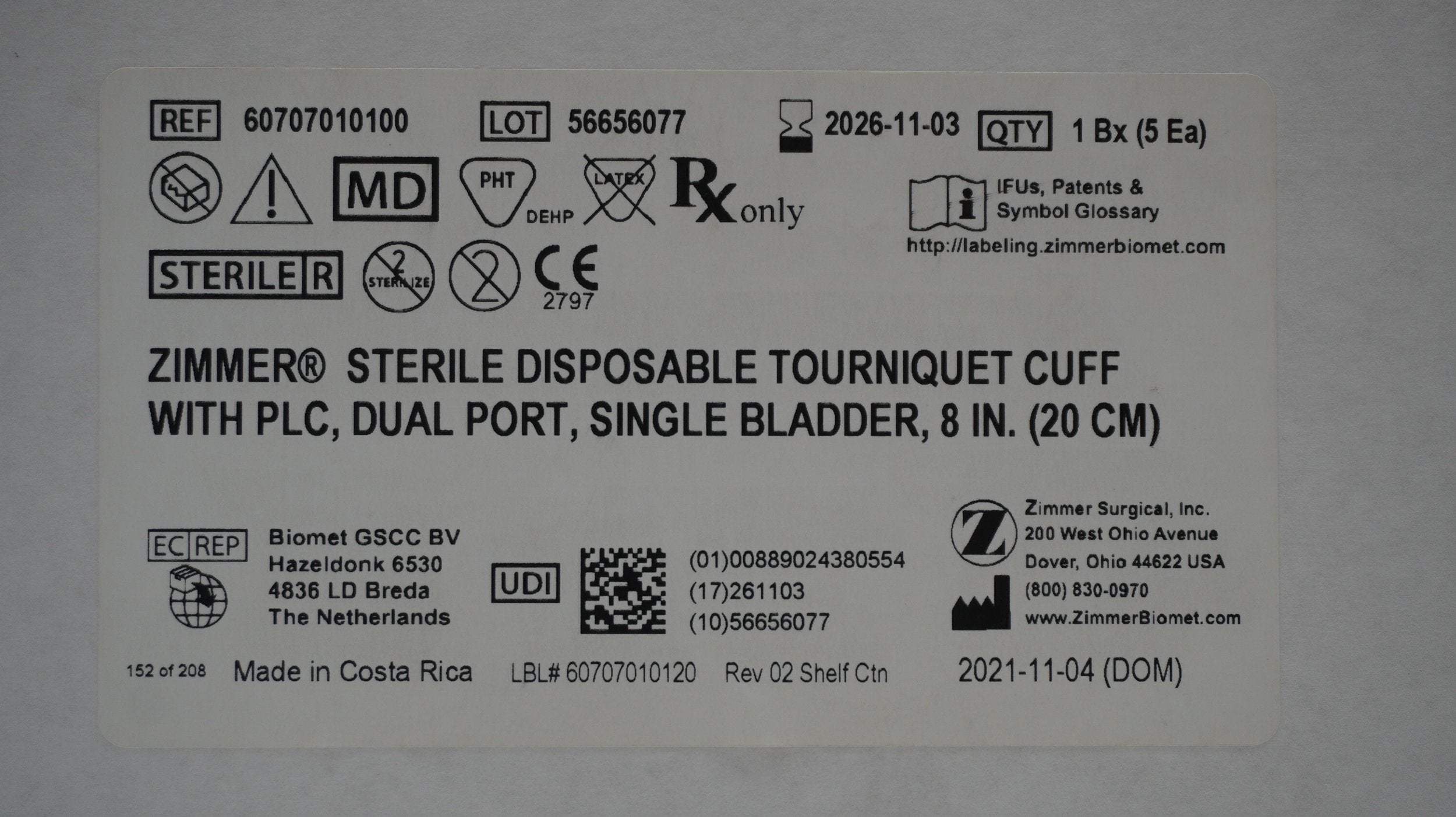 Zimmer Biomet | 60707010100 | Sterile Disposable Tourniquet Cuff with PLC, Dual Port, Single Bladder, 8in.