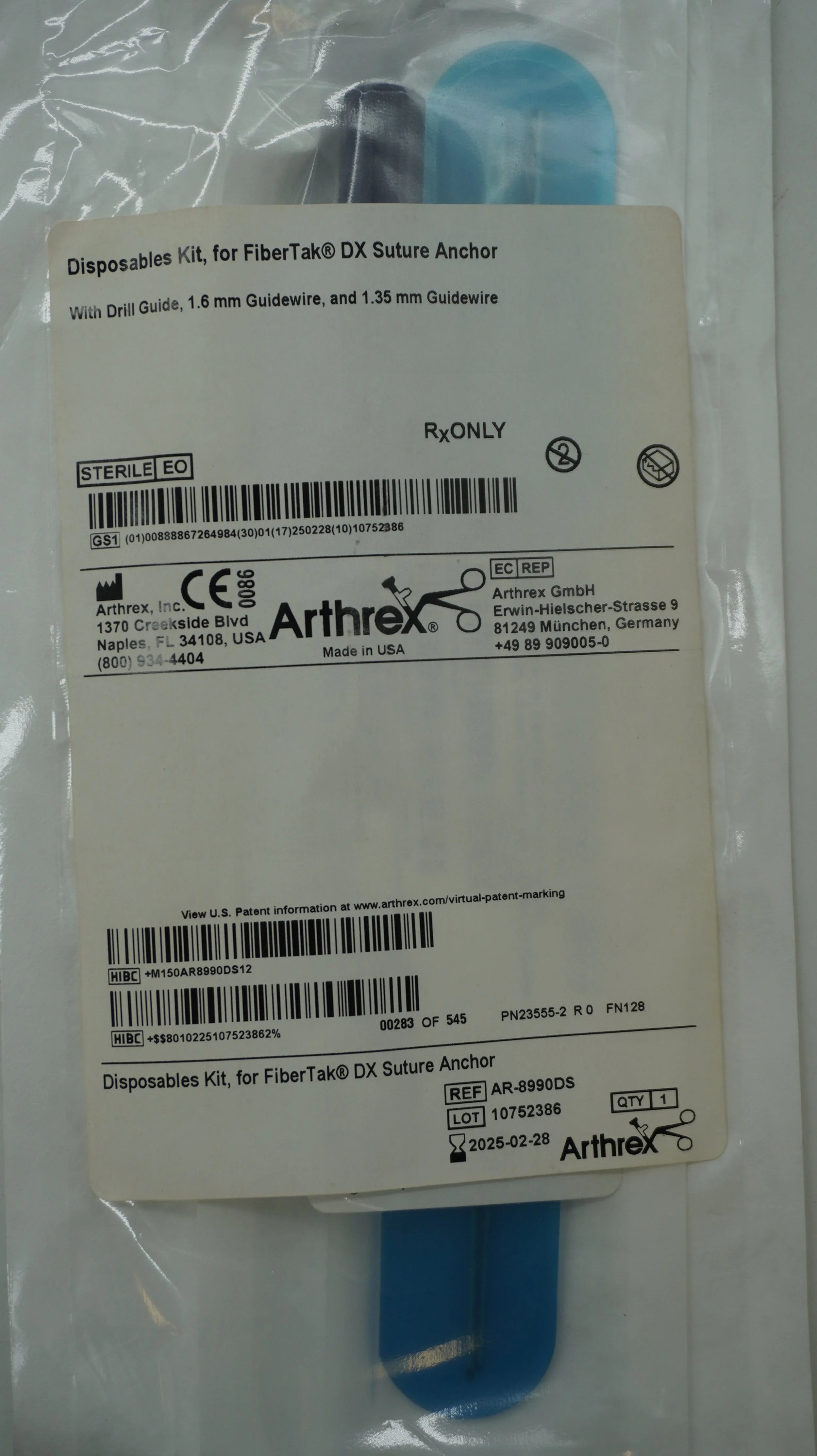 Arthrex | AR-8990DS | AR8990DS Disposables Kit, for FiberTak DX Suture Anchor