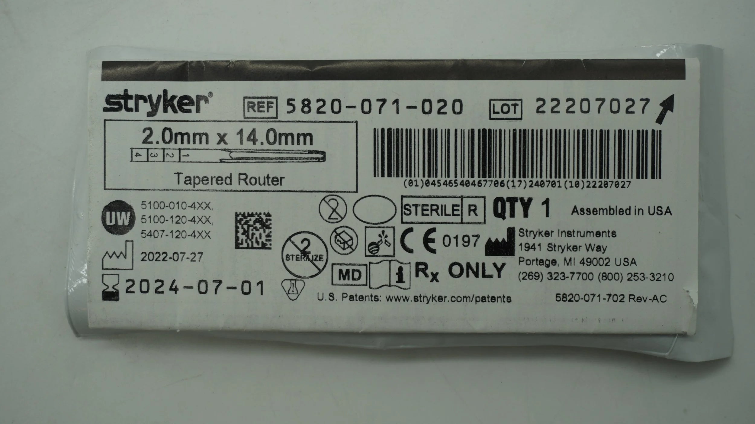 Stryker | 5820-071-020 | 2.0mm x 14.0mmTapered Router