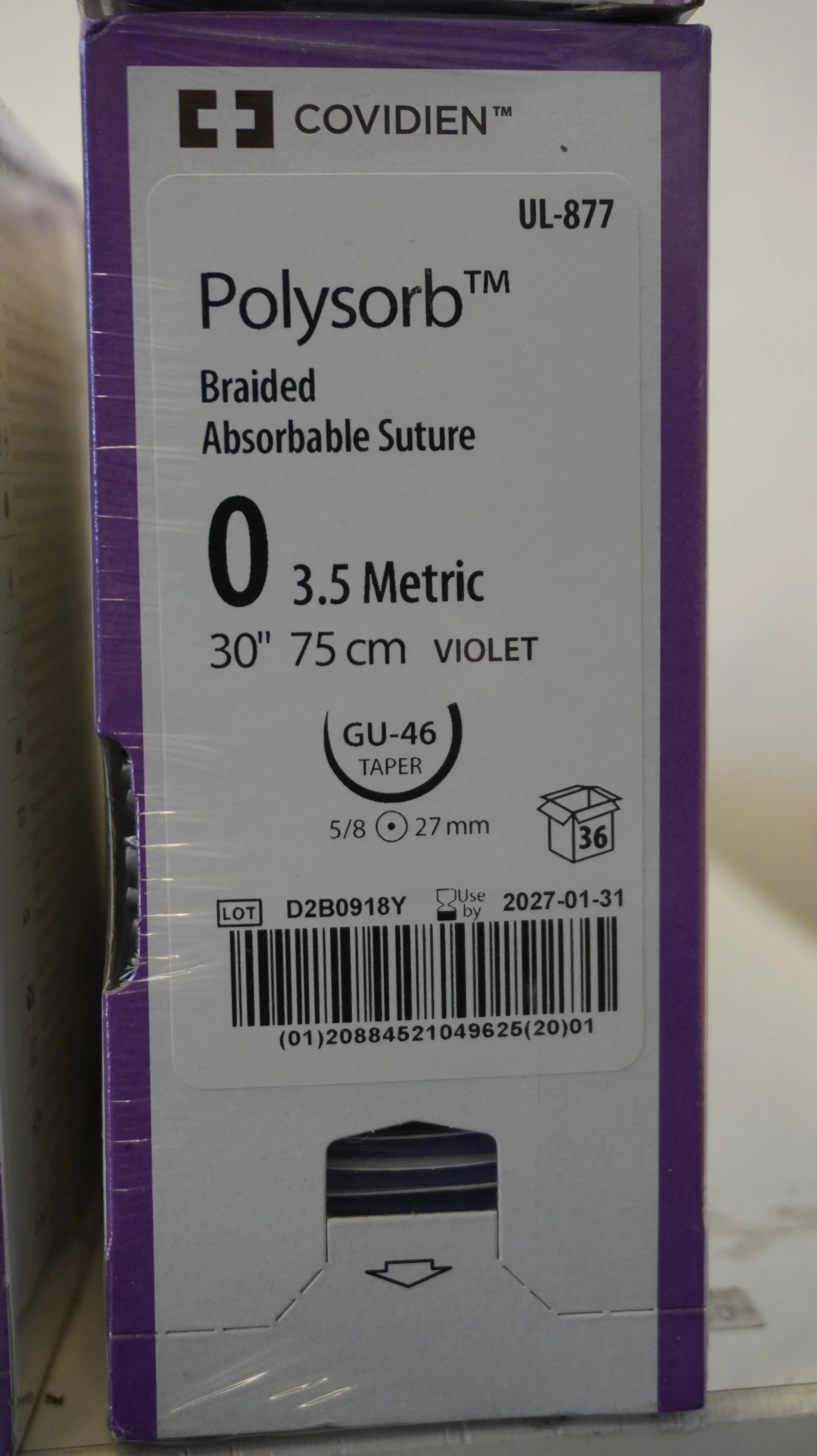 Covidien | UL-877 | Polysorb Braided Absorbable Suture 0 3.5 Metric 30" 75cm VIOLET