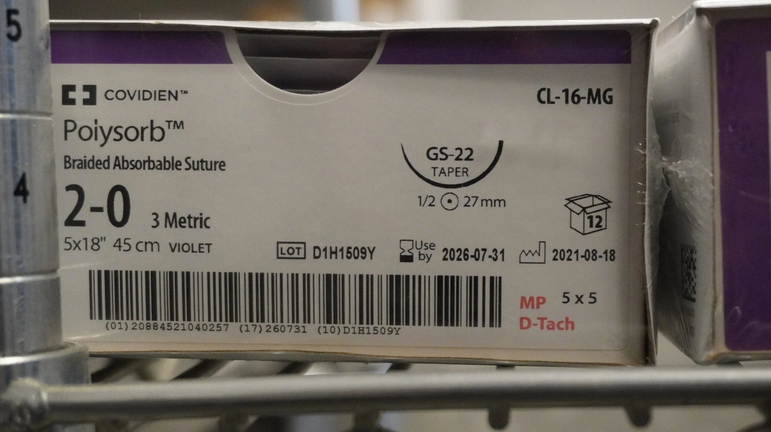 Covidien | CL-16-MG | Polysorb Braided Absorbable Suture 2-0 3 Metric 5x18" 45cm VIOLET