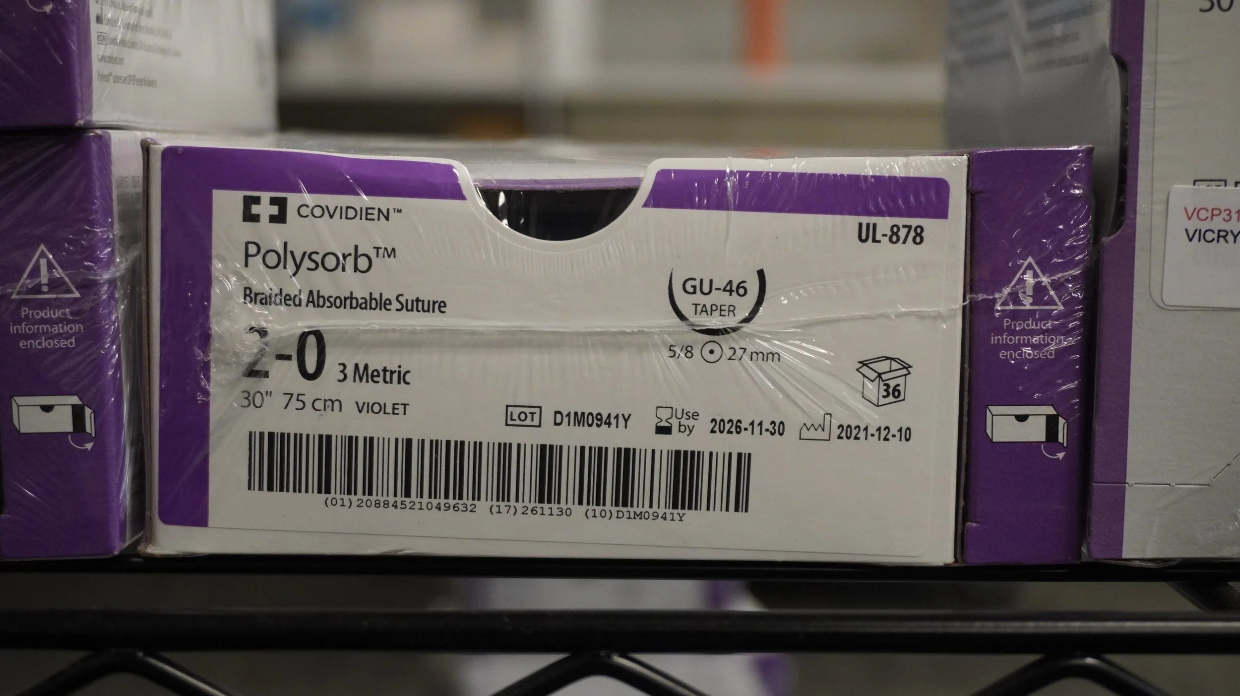 Covidien | UL-878 | Polysorb Braided Absorbable Suture 2-0 3 Metric 30" 75cm VIOLET