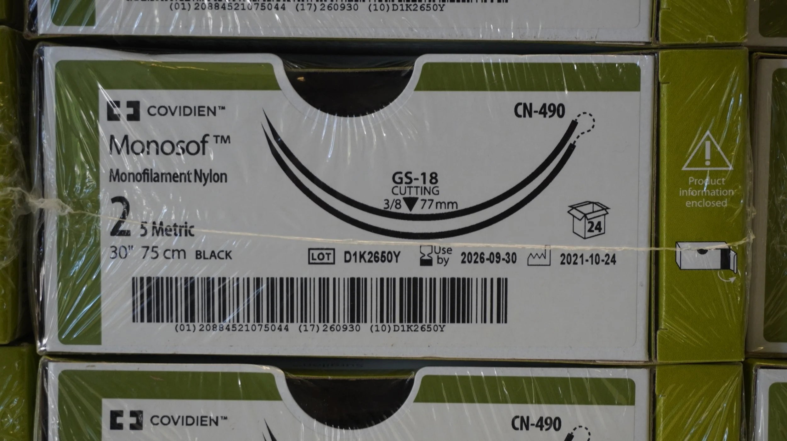 Covidien | CN-490 | Suture, Size 2, 75 cm Length, Black, Nylon, Monofilament, 3/8 Circle, 77 mm Needle Length