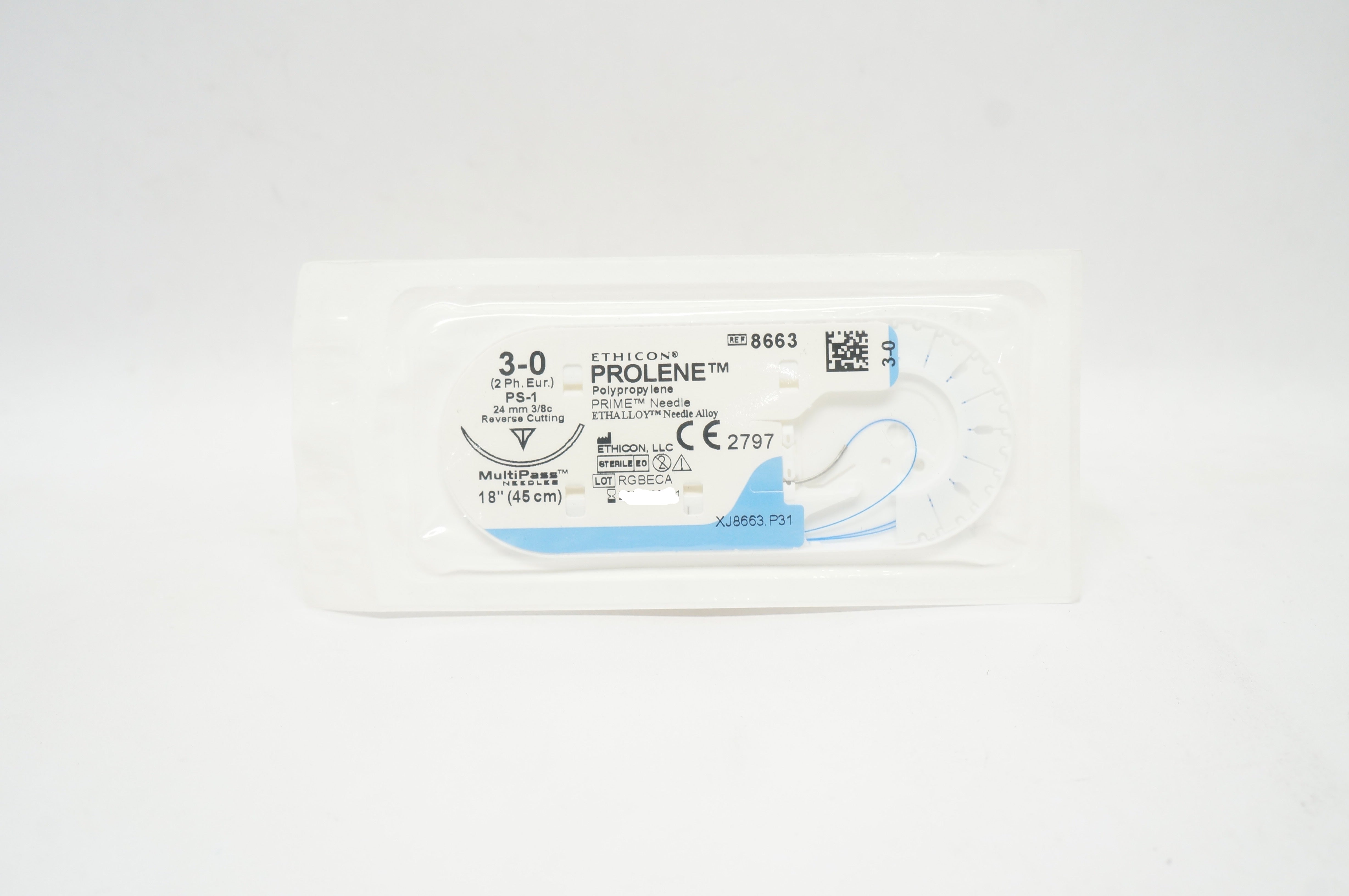 Ethicon | 8663 |3-0 Prolene Stre PS-1 24mm 3/8c Reverse Cutting, 18 inch