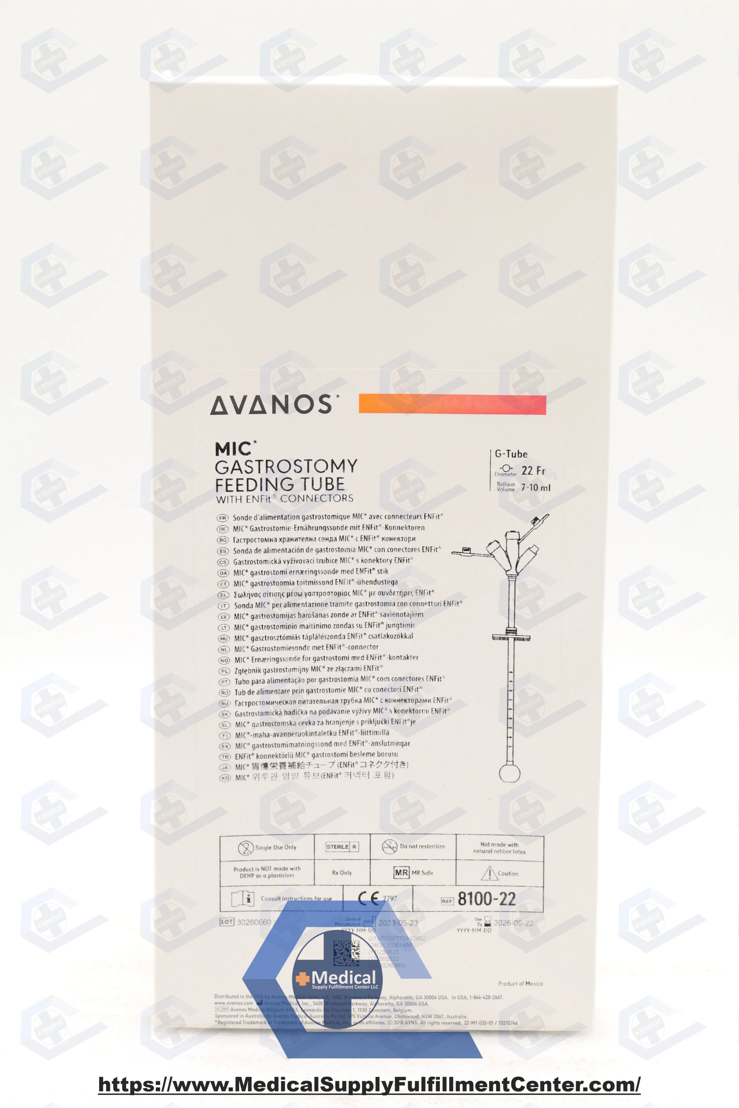 Avanos Medical | 8100-22 | Sterile 22 Fr silicone MIC gastrostomy feeding tube with ENFit connectors, 7–10 mL retention balloon, recessed tip, radiopaque stripe
