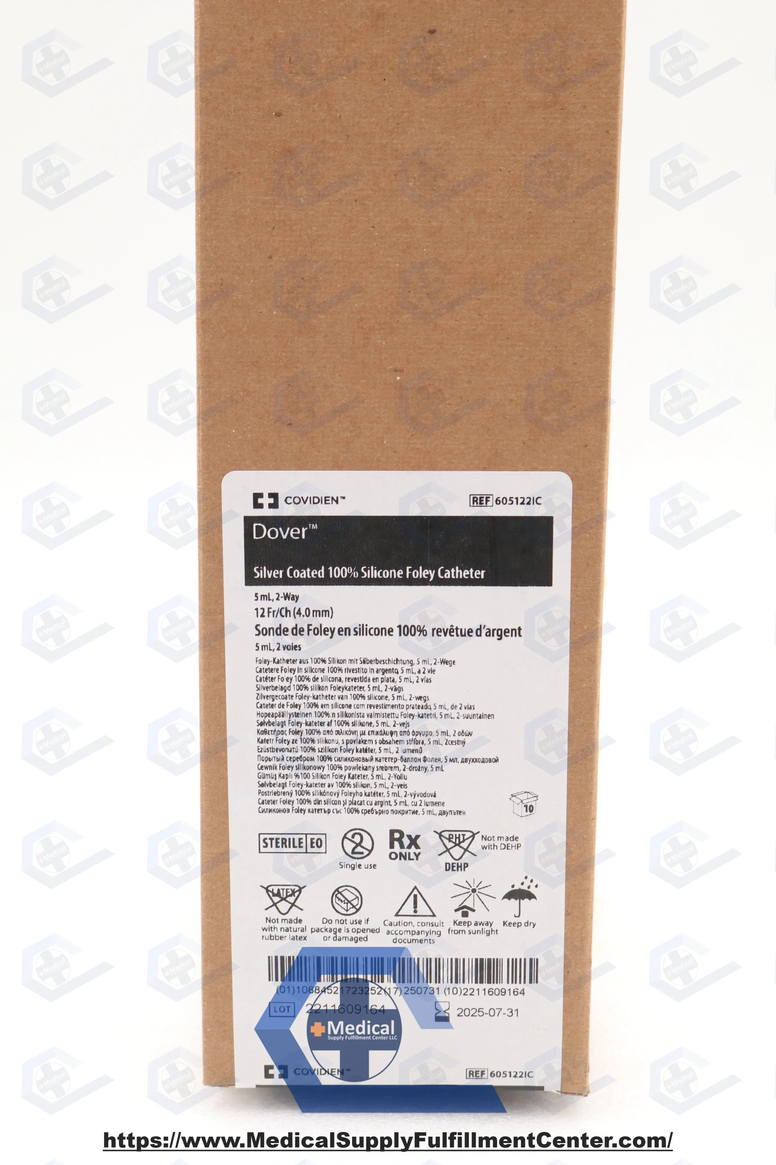 Covidien | 605122IC | Dover Silver Coated 100% Silicone Foley Catheter, 5 mL, 2-Way, 12 Fr (4.0 mm)