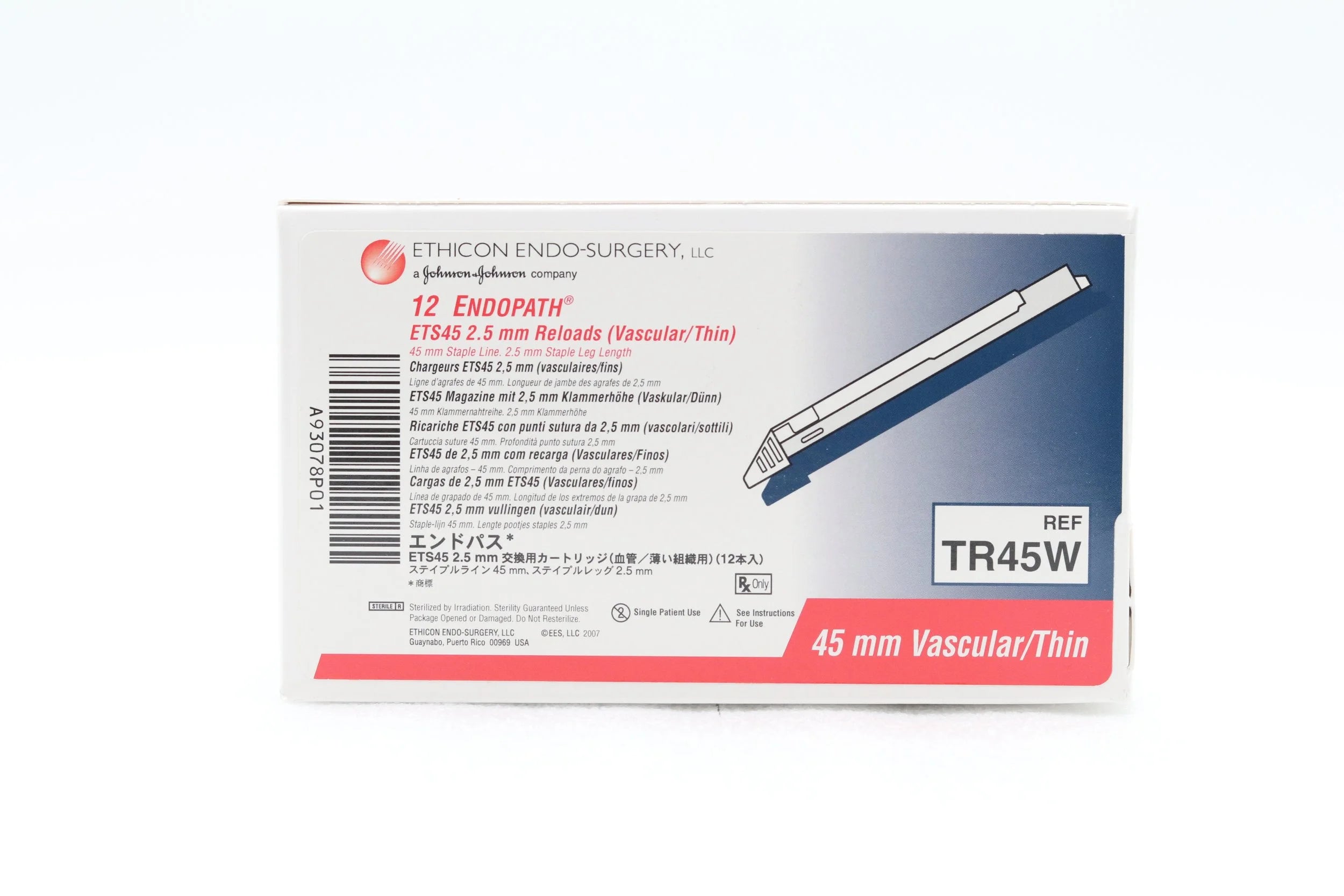 Ethicon | TR45W | Articulating Linear Cutter Reloads, 45 mm Size, White, 2.5 mm Open Staple Height, 1 mm Close Staple Height, Vascular/Thin Tissue, 6 Staple Rows, For All ETS 45m