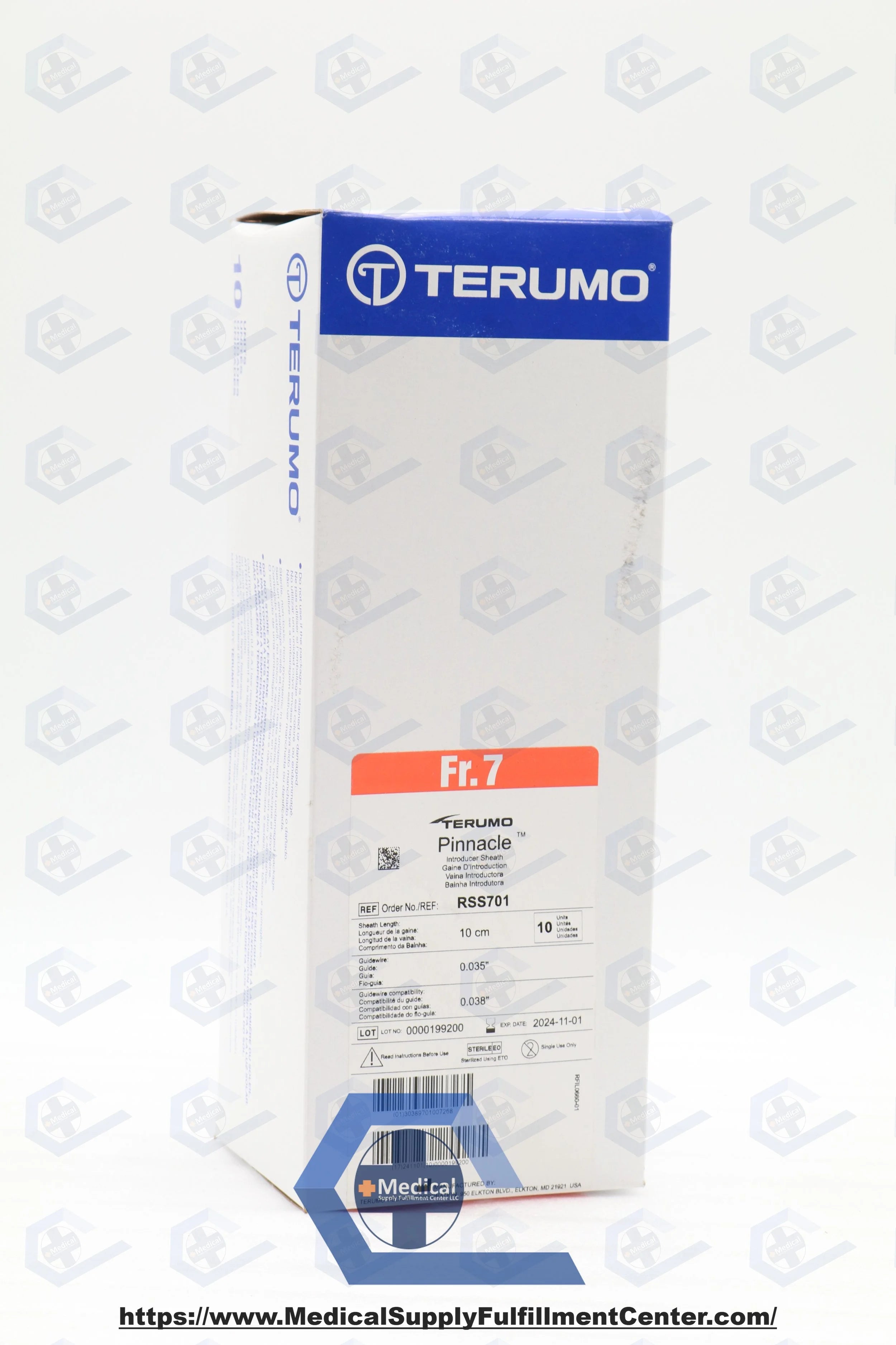 Terumo | RSS701 | Pinnacle Introducer Sheaths 7Fr x 10cm, 7Fr inner diameter, 2.5 cm dilator protruding length, with 0.035" mini guidewire