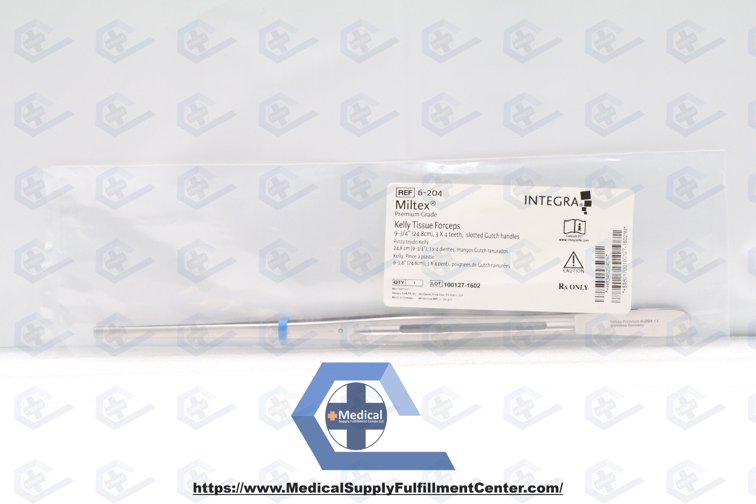 Integra | 6-204 | MILTEX KELLY Tissue Forceps 3 X 4 teeth, 9-3/4" (246.5mm), slotted Gutch handles
