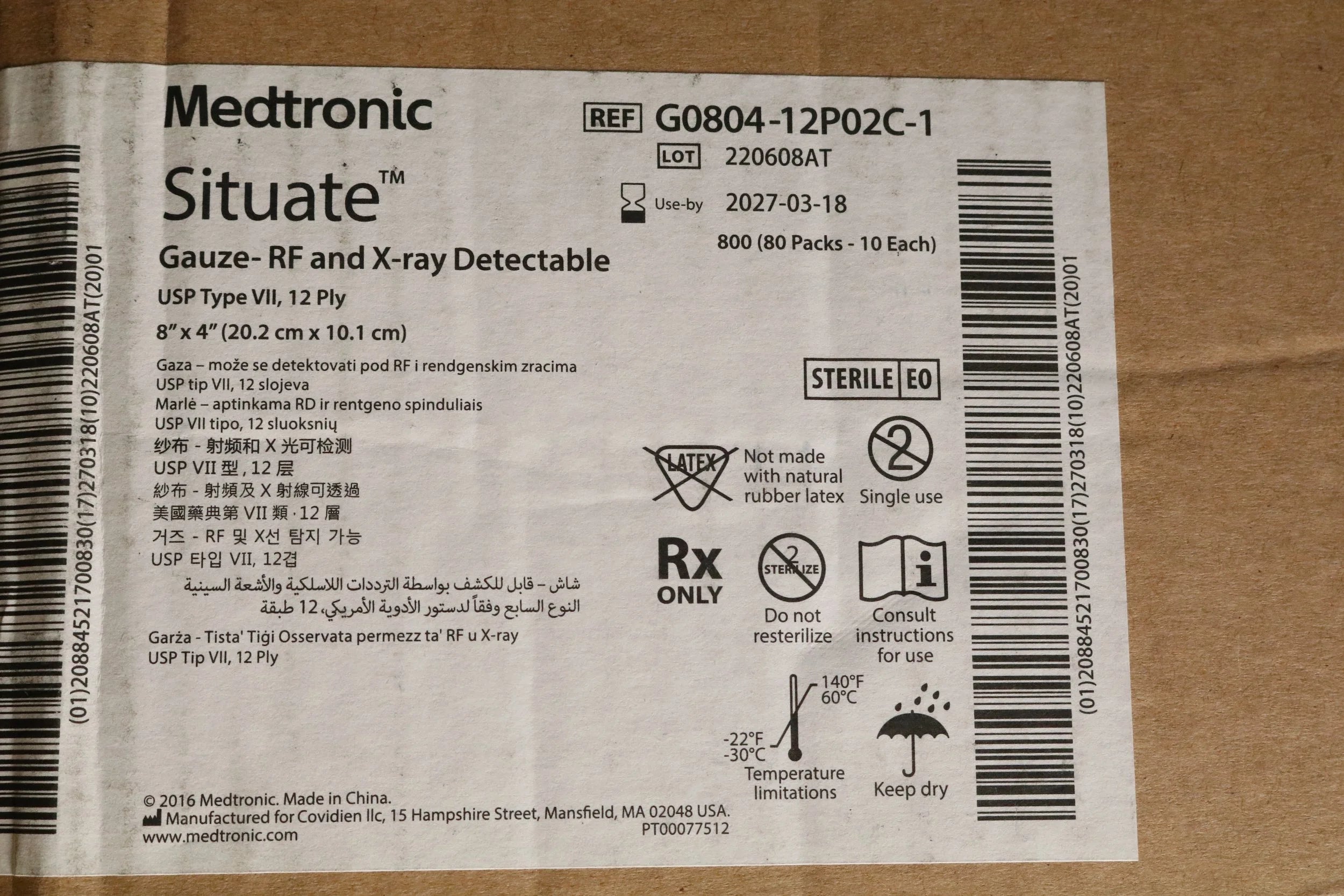 Medtronic | G0804-12P02C-1 | RFDetect Gauze Sponges - RFDetect X-Ray Detectable Gauze, Sterile, 12 Ply, 8" x 4" 10 IN EACH PACK