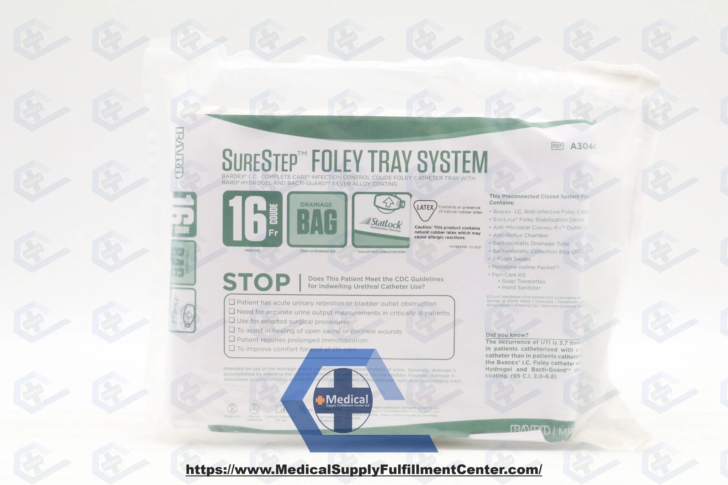 Bard | A304416A | Bardex IC Advance Foley Tray with Drainage Bag, StatLock Stabilization Device and Microbicidal Control-Fit Outlet Tube, 16 Fr Coude Tip Catheter