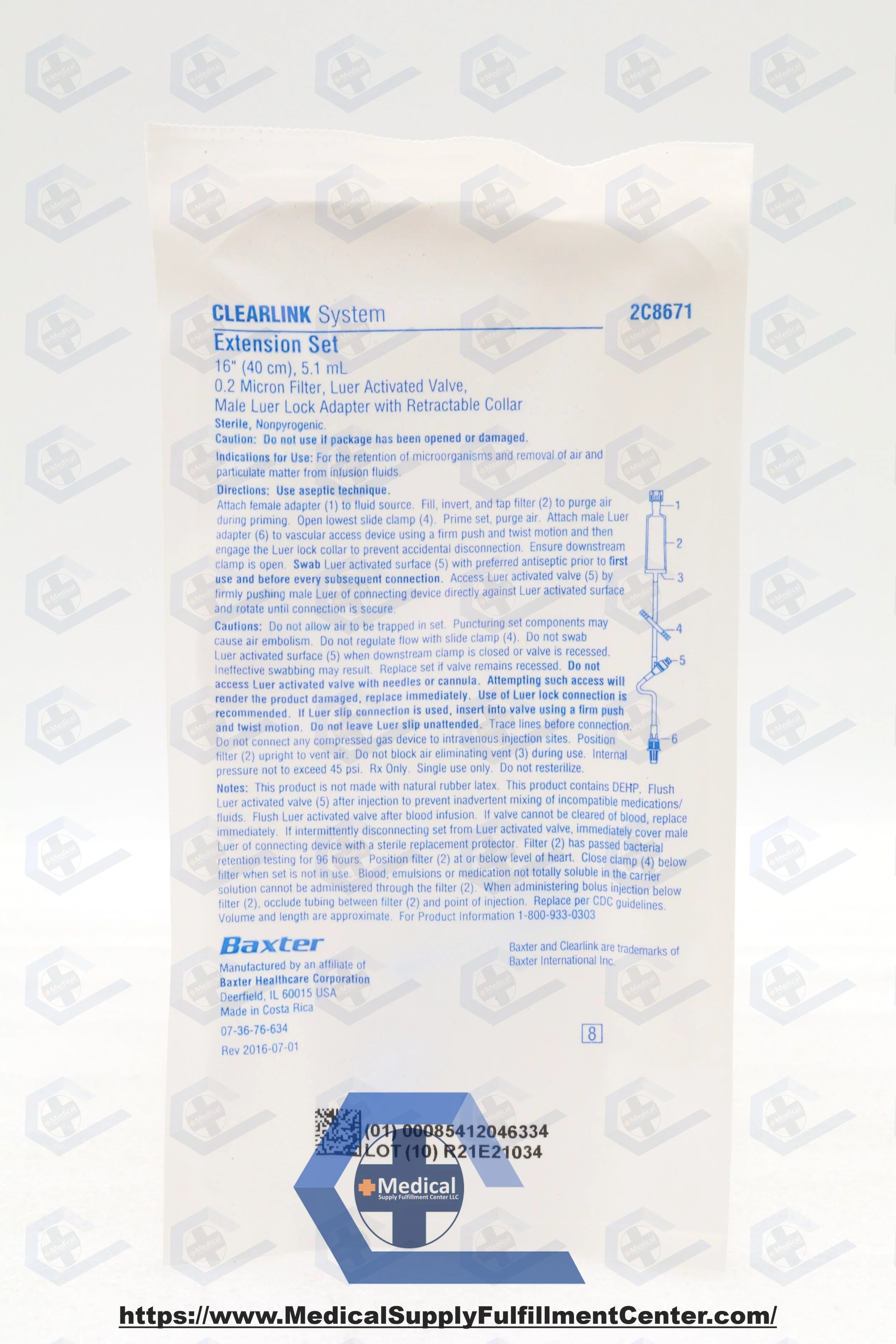 Baxter | 2C8671 | Extension Set, 0.2 Micron Filter, Clearlink Luer Activated Valve, Male Luer Lock Adapter with Retractable Collar, 5.1 ml, 16" Length