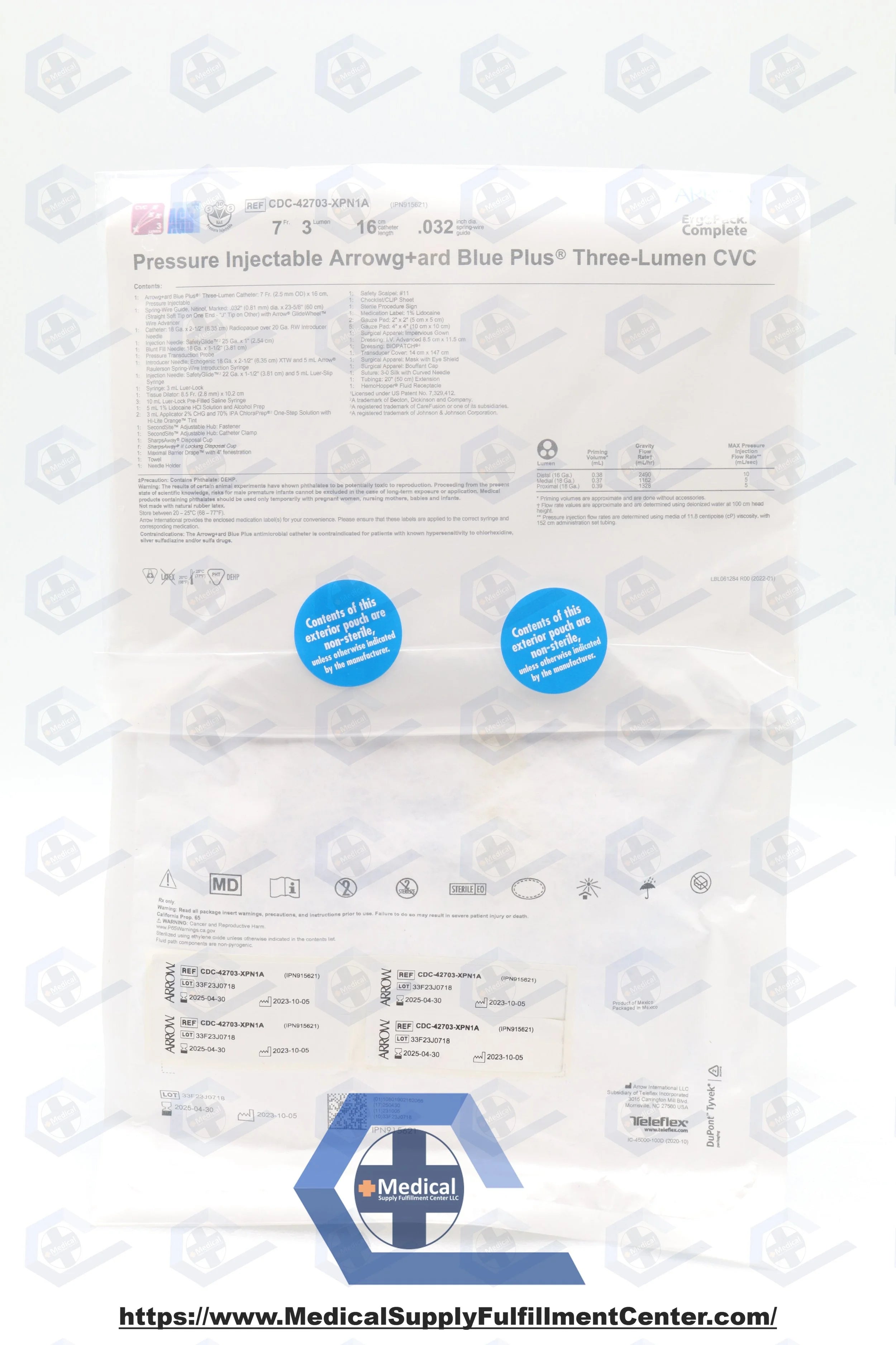 Teleflex | CDC-42703-XPN1A | CVC Kit, 7 Fr OD, 16 cm Length 0.38 mL/0.37 mL/0.39 mL Priming Volume Radiopaque Polyurethane, Pressure Injectable