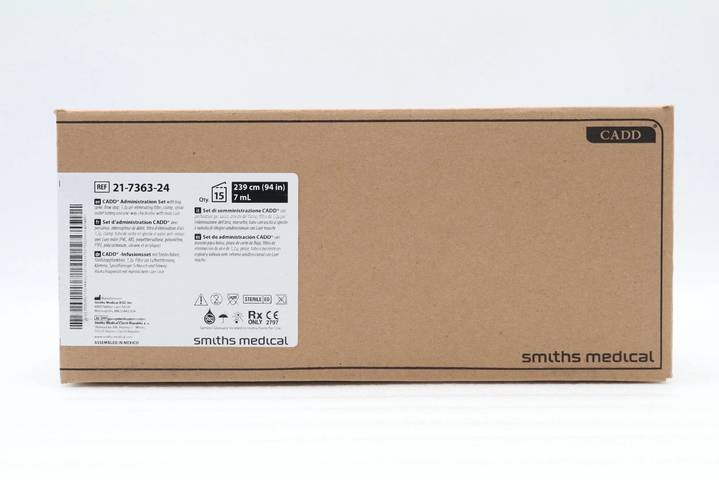Smiths Medical | 21-7363-24 | CADD Flow Stop 93" Standard Administration Set with Bag Spike, 1.2-µm Filter, Spiral Tubing, Clamp and 1-Way Check Valve with Male Luer