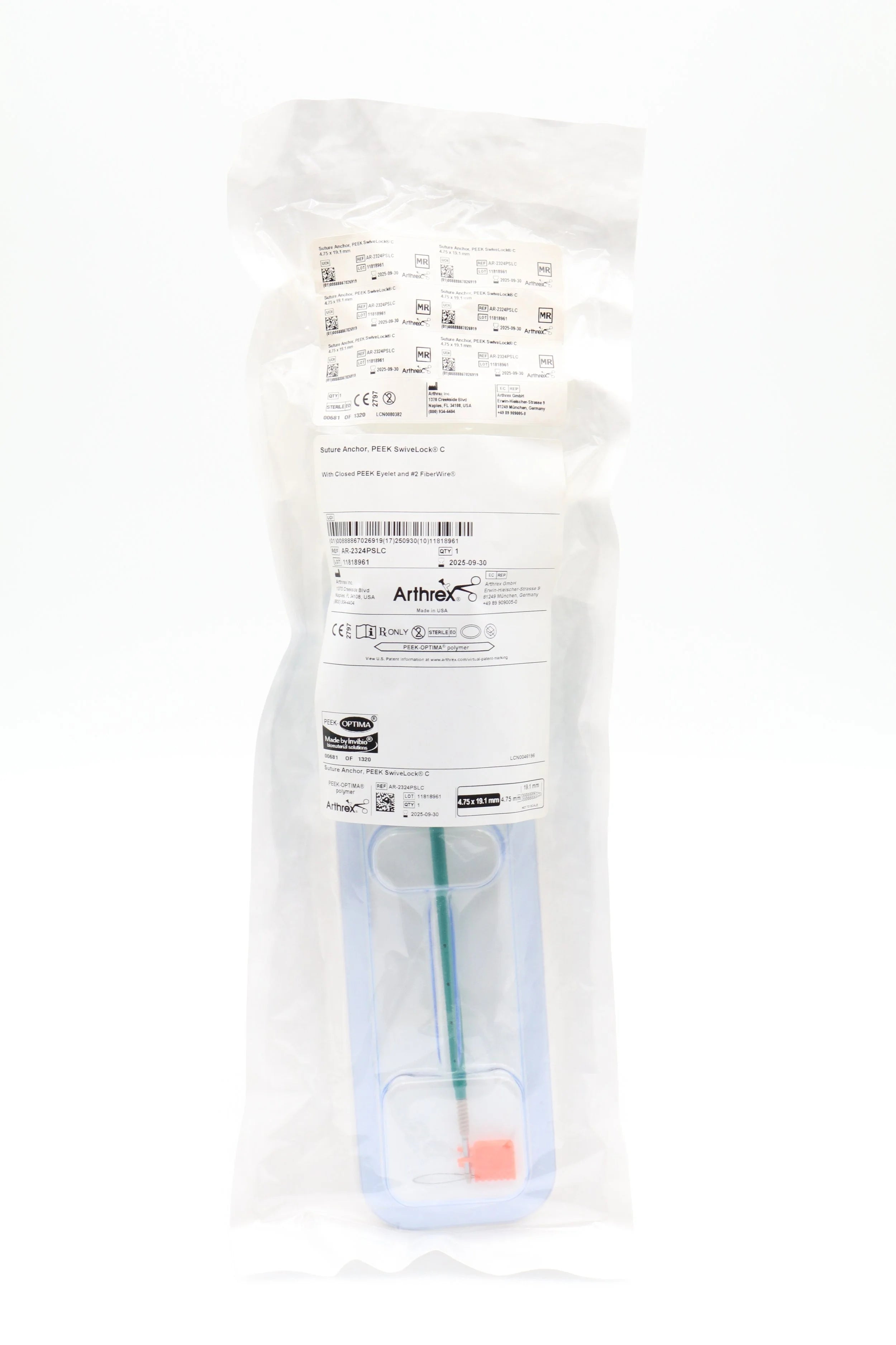 Arthrex | AR-2324PSLC | Suture Anchor PEEK SwiveLock C with Closed PEEK Eyelet and #2 FiberWire