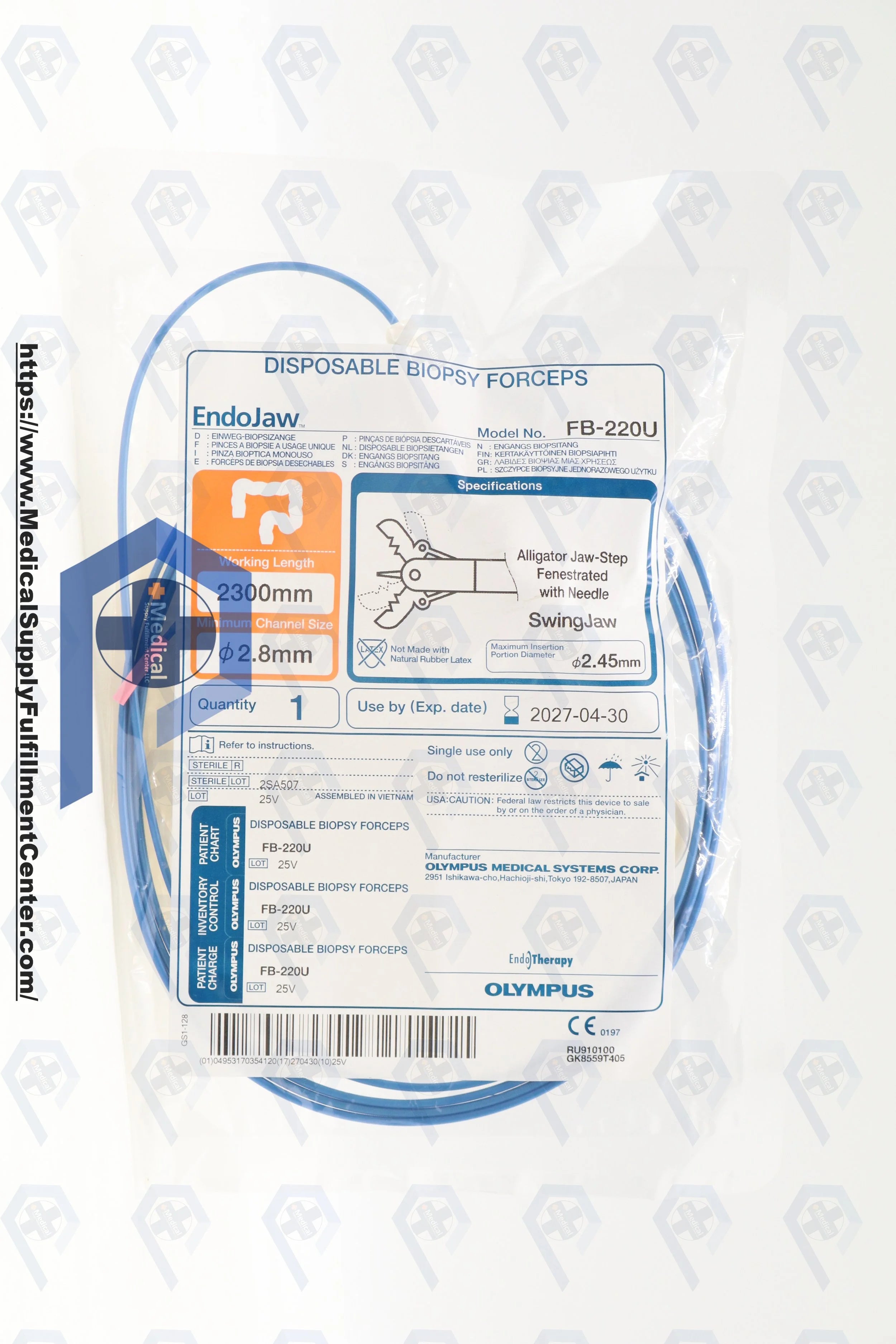 Olympus | FB-220U | Biopsy Forceps, 2300 mm Working Length, 2.8 mm Minimum Working Channel Size, With Needle, Sterile, Single-Use, Ribbed Coated Sheath to Aid Insertion