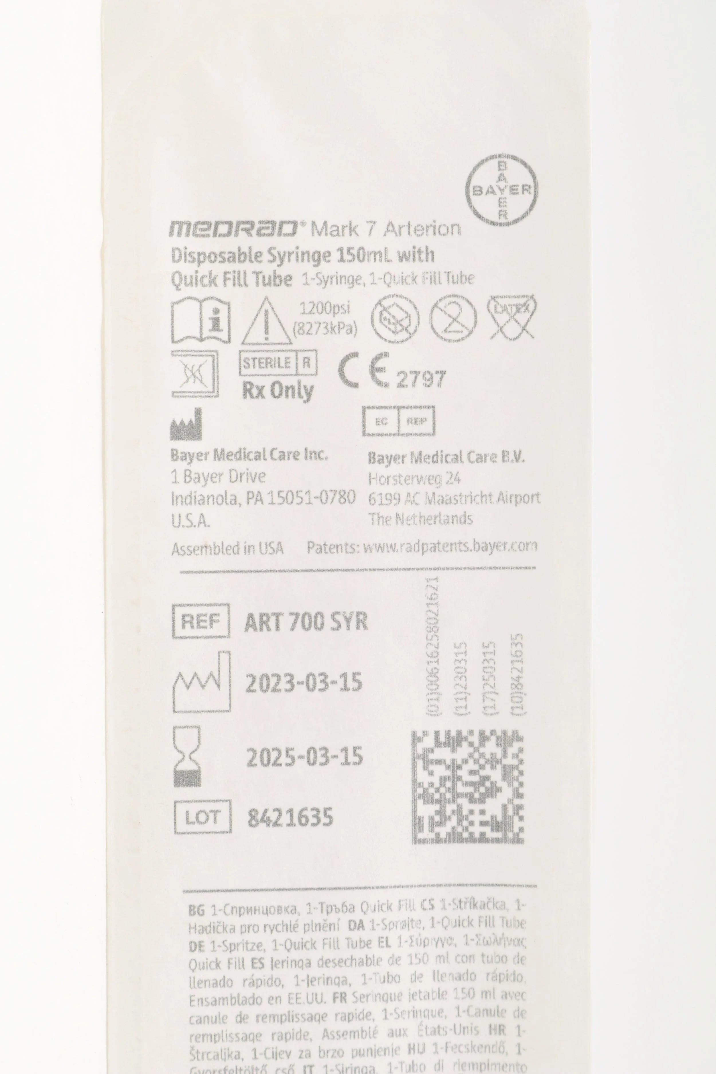 Bayer | ART700SYR | Medrad Mark 7 Arterion Disposable Syringe, 150ml w/Quick Fill Tube