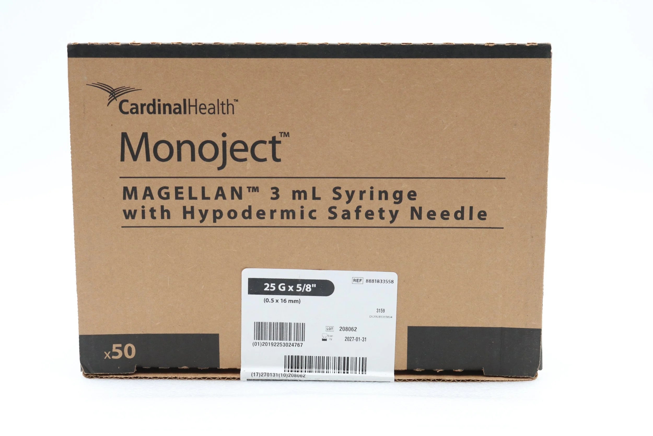 Cardinal Health | 8881833558 | Monoject MAGELLA 3mL Syringe with Hypodermic Safety Needle 25 G x 5/8" (0.5 x 16 mm)