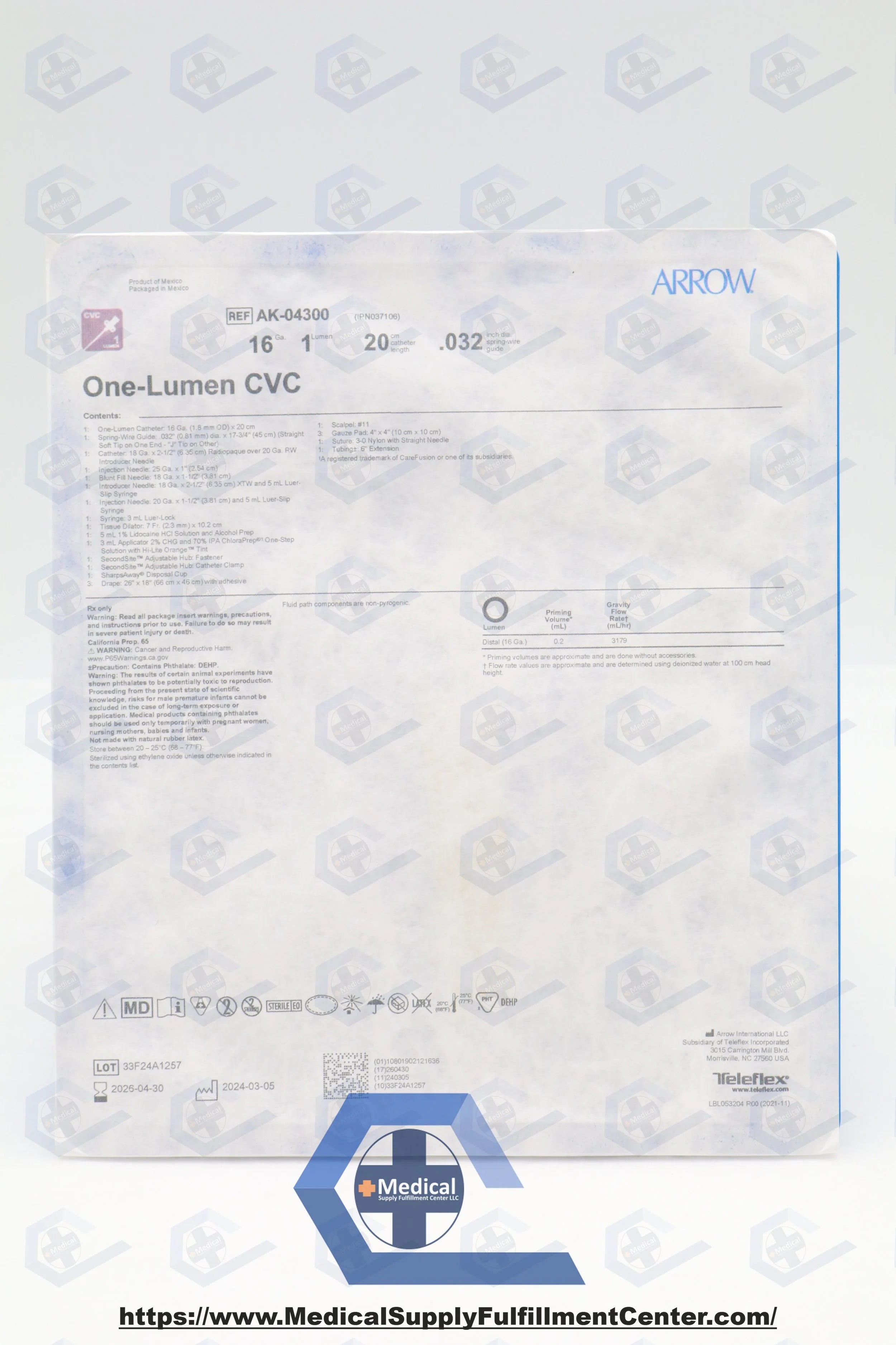 Teleflex | AK-04300 | ARROW KIT, CATHETER, CVC, INDWELLING, 16GX8"