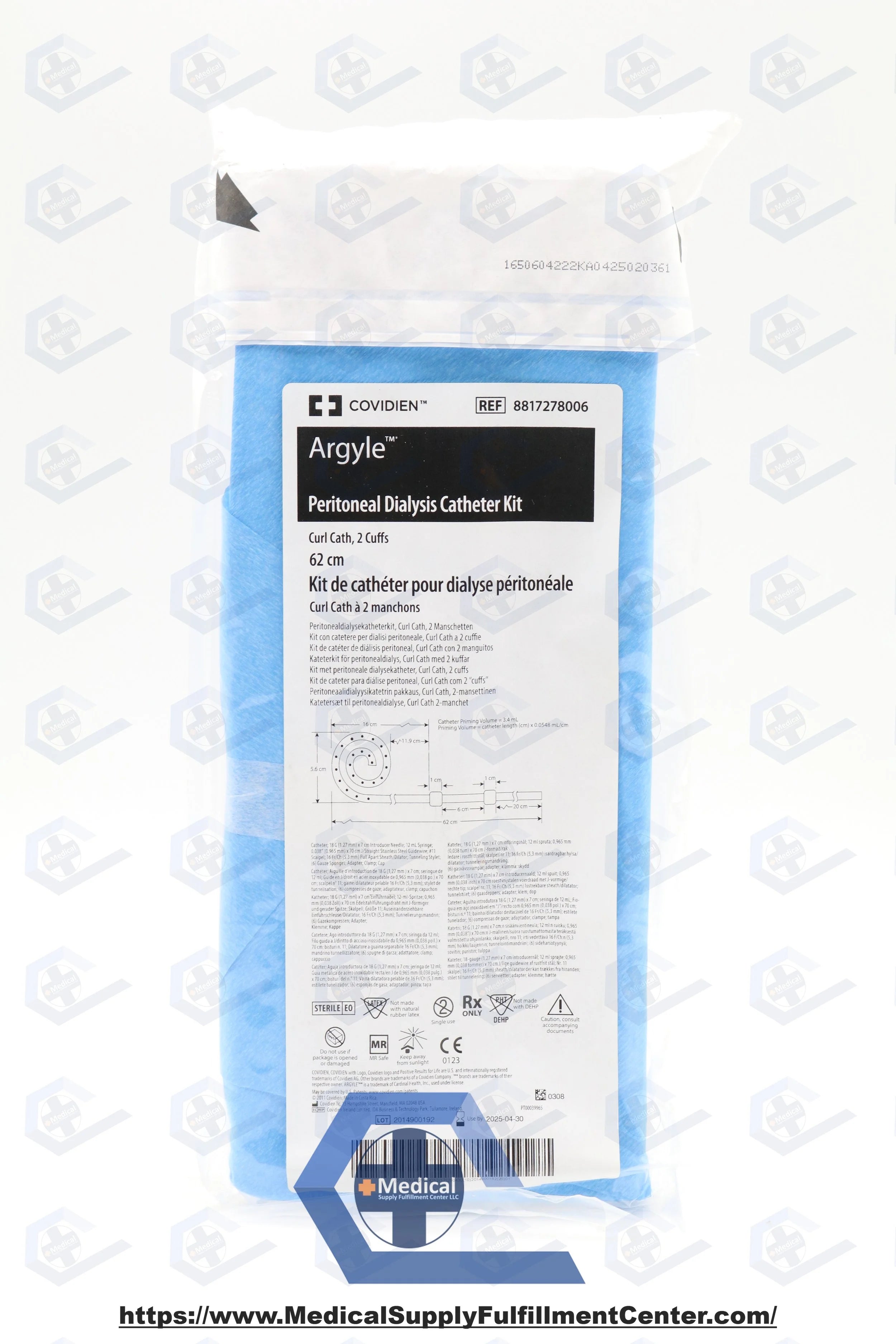 Covidien | 8817278006 | Argyle Peritoneal Dialysis Catheter Kit, Curl Cath, 2 Cuff, 62cm