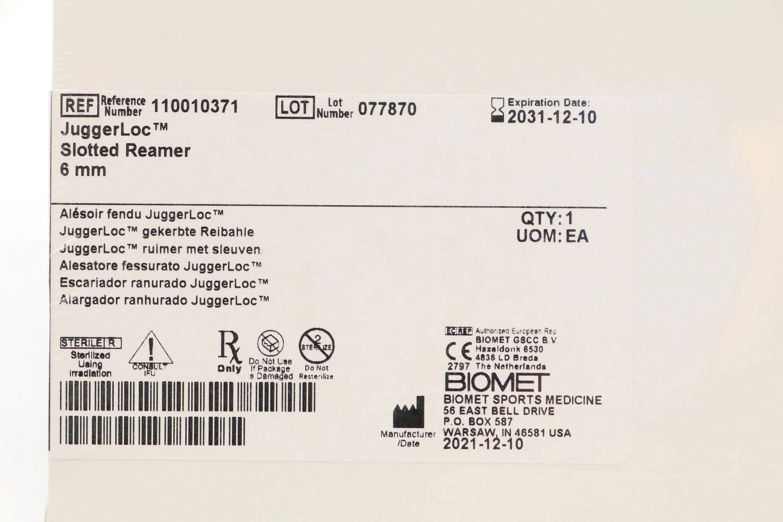 Zimmer Biomet | 110010371 | JuggerLoc Slotted Reamer 6mm