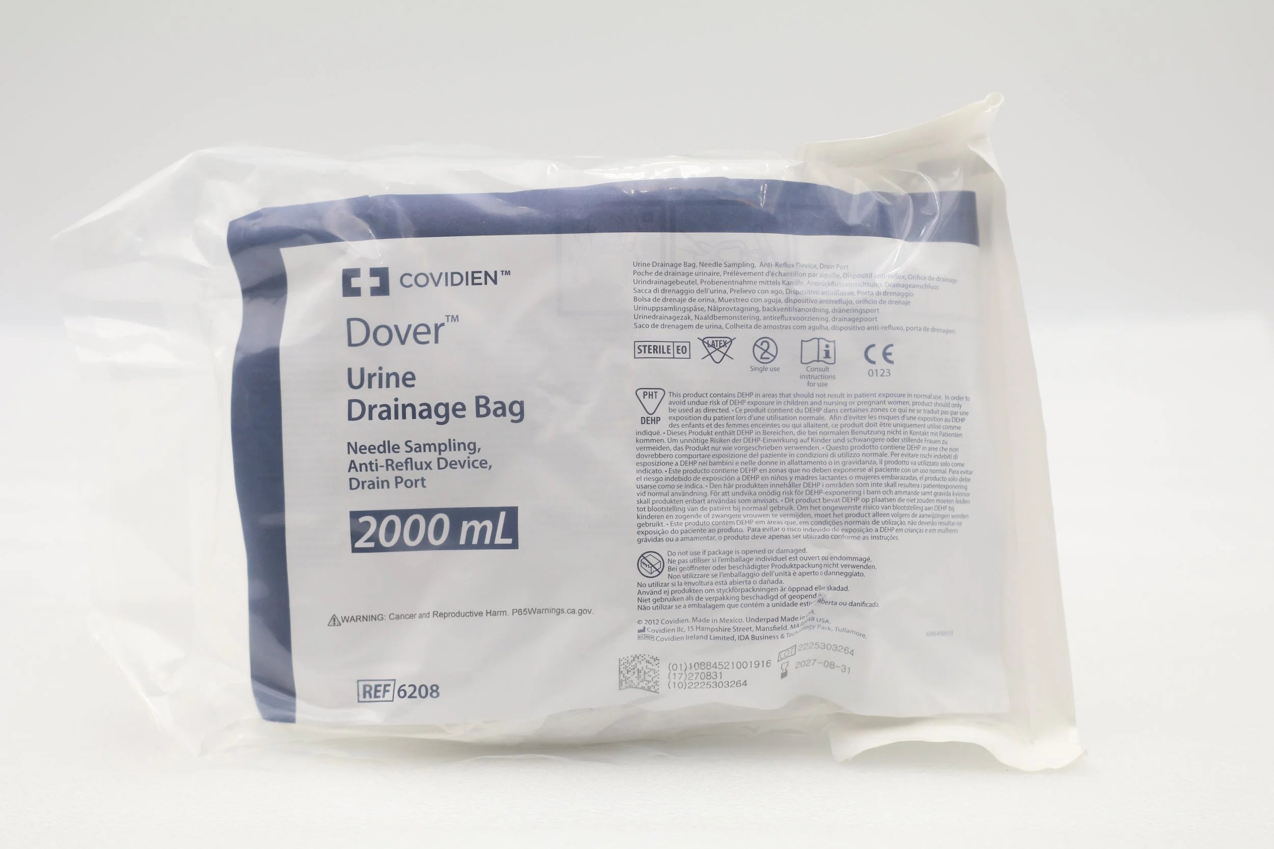 Covidien | 6208 | Dover Urine Drainage Bag Needle Sampling Anti-Reflux Device Drain Port 2000mL